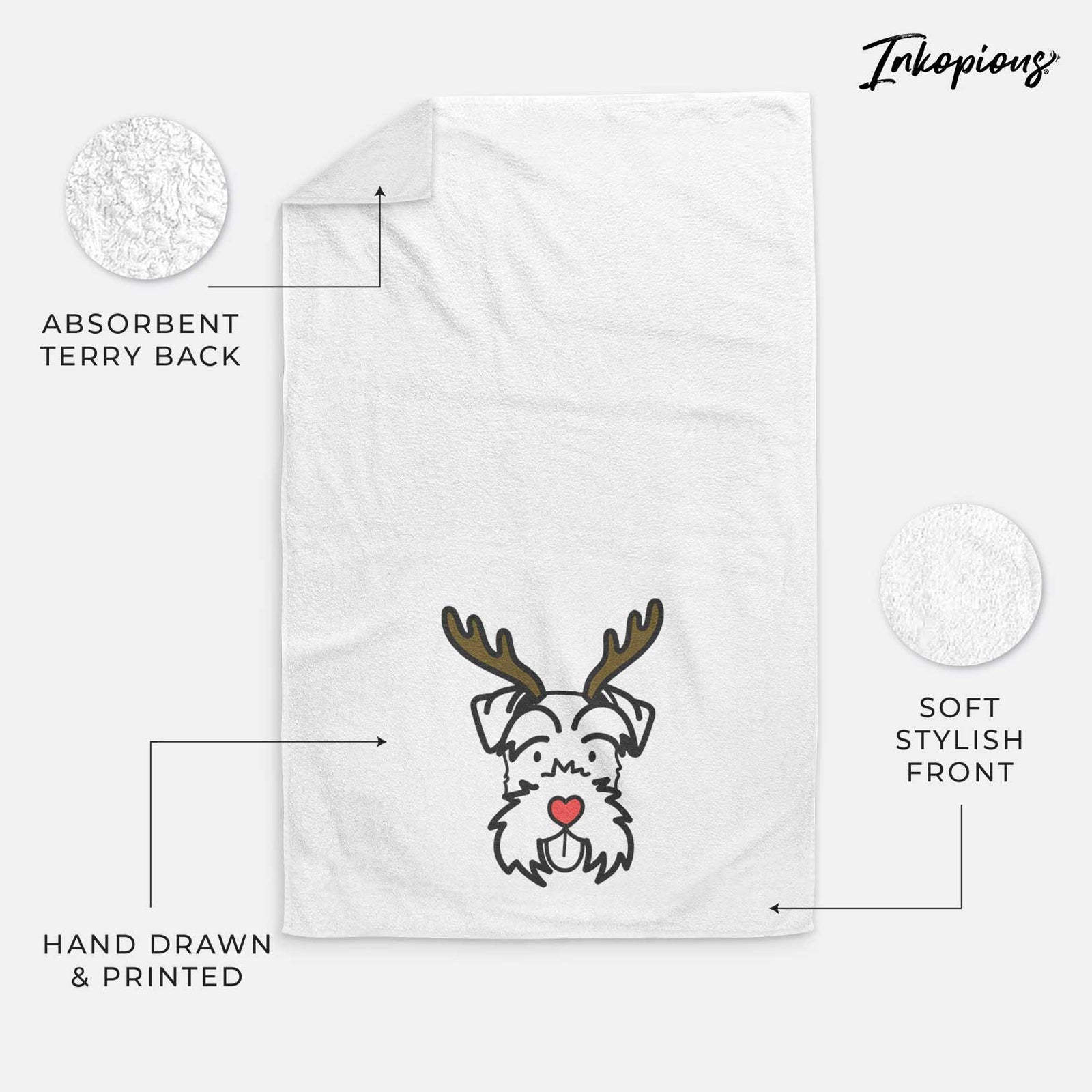Minimalist line drawing of a Miniature Schnauzer with reindeer antlers and a red nose on a decorative hand towel