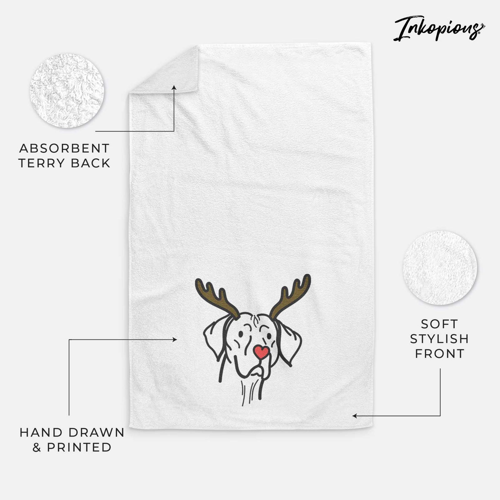 Minimalist line drawing of Moose the Vizsla with reindeer antlers and a red nose on a decorative hand towel