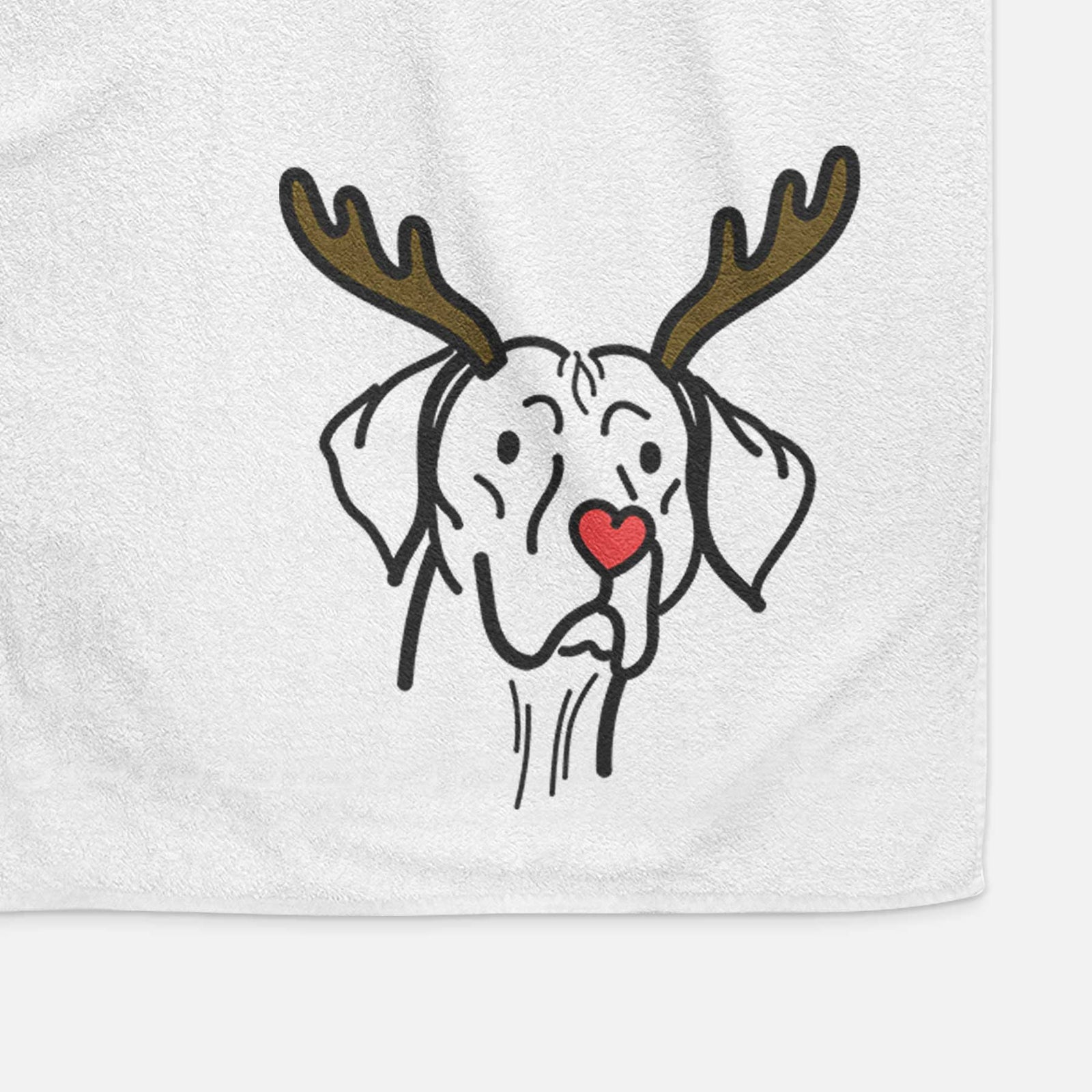 Minimalist line drawing of Moose the Vizsla with reindeer antlers and a red nose on a decorative hand towel