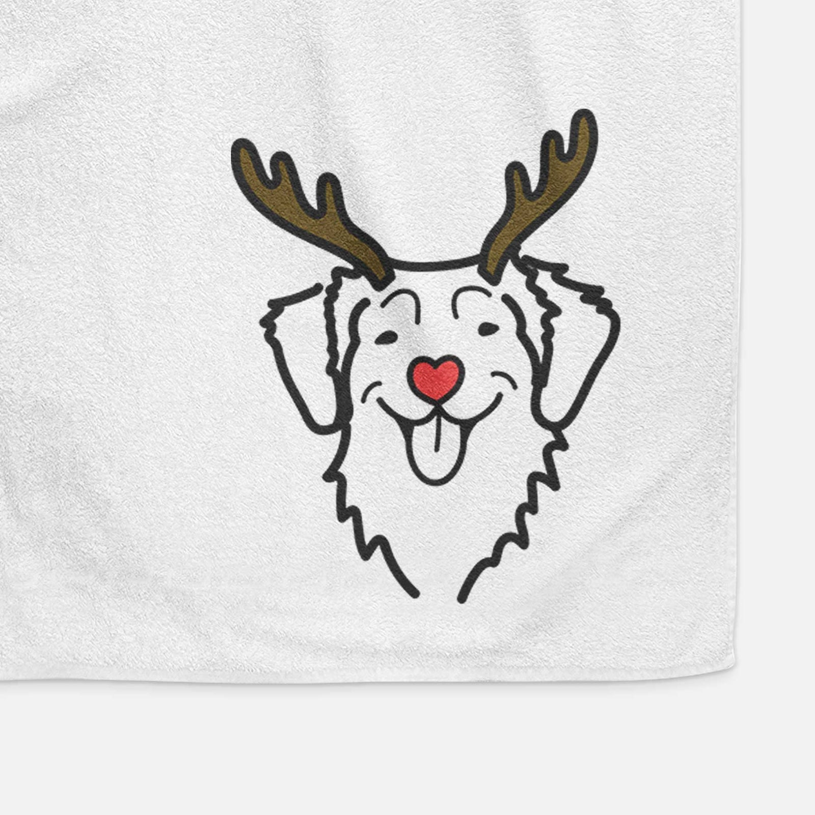 Minimalist line drawing of a Nova Scotia Duck Tolling Retriever with reindeer antlers and a red nose on a decorative hand towel
