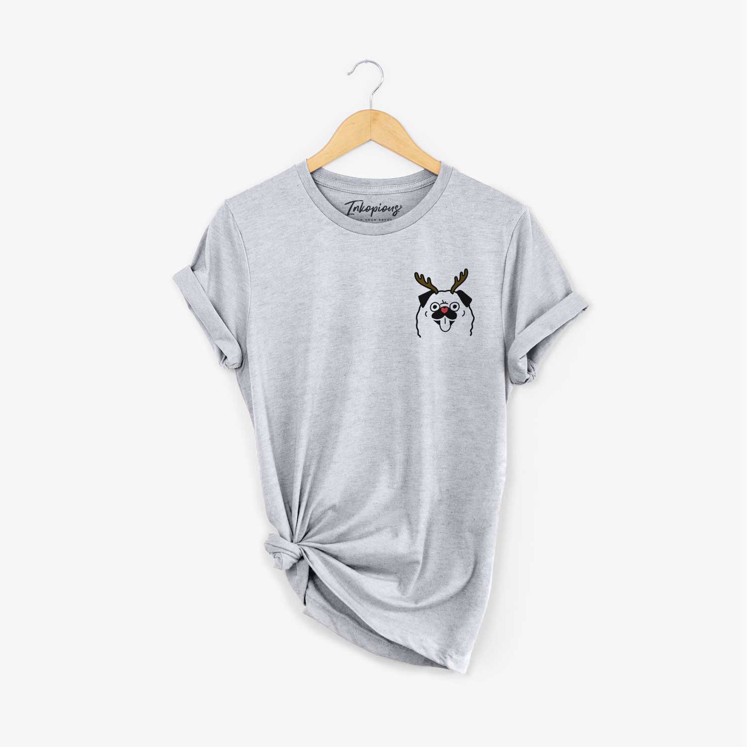 Small chest-pocket minimalist line drawing of a Pug with reindeer antlers and a red nose on a Grey Unisex crewneck