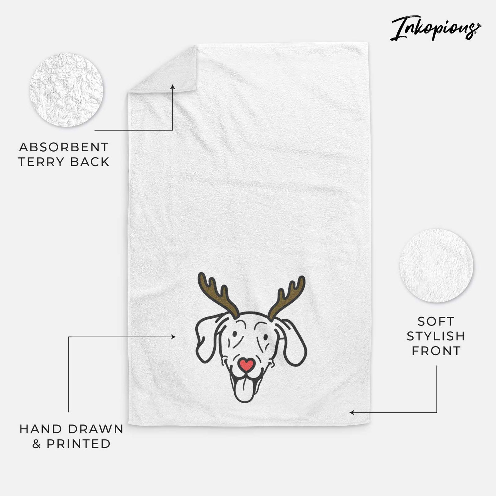 Minimalist line drawing of Paco Lobo the Weimaraner with reindeer antlers and a red nose on a decorative hand towel