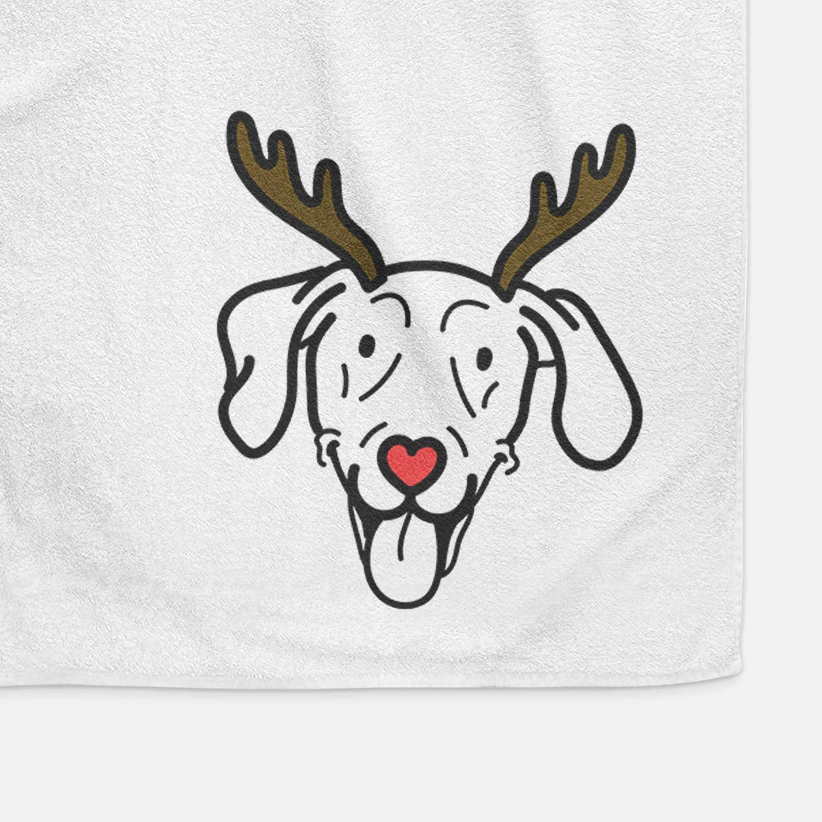 Minimalist line drawing of Paco Lobo the Weimaraner with reindeer antlers and a red nose on a decorative hand towel