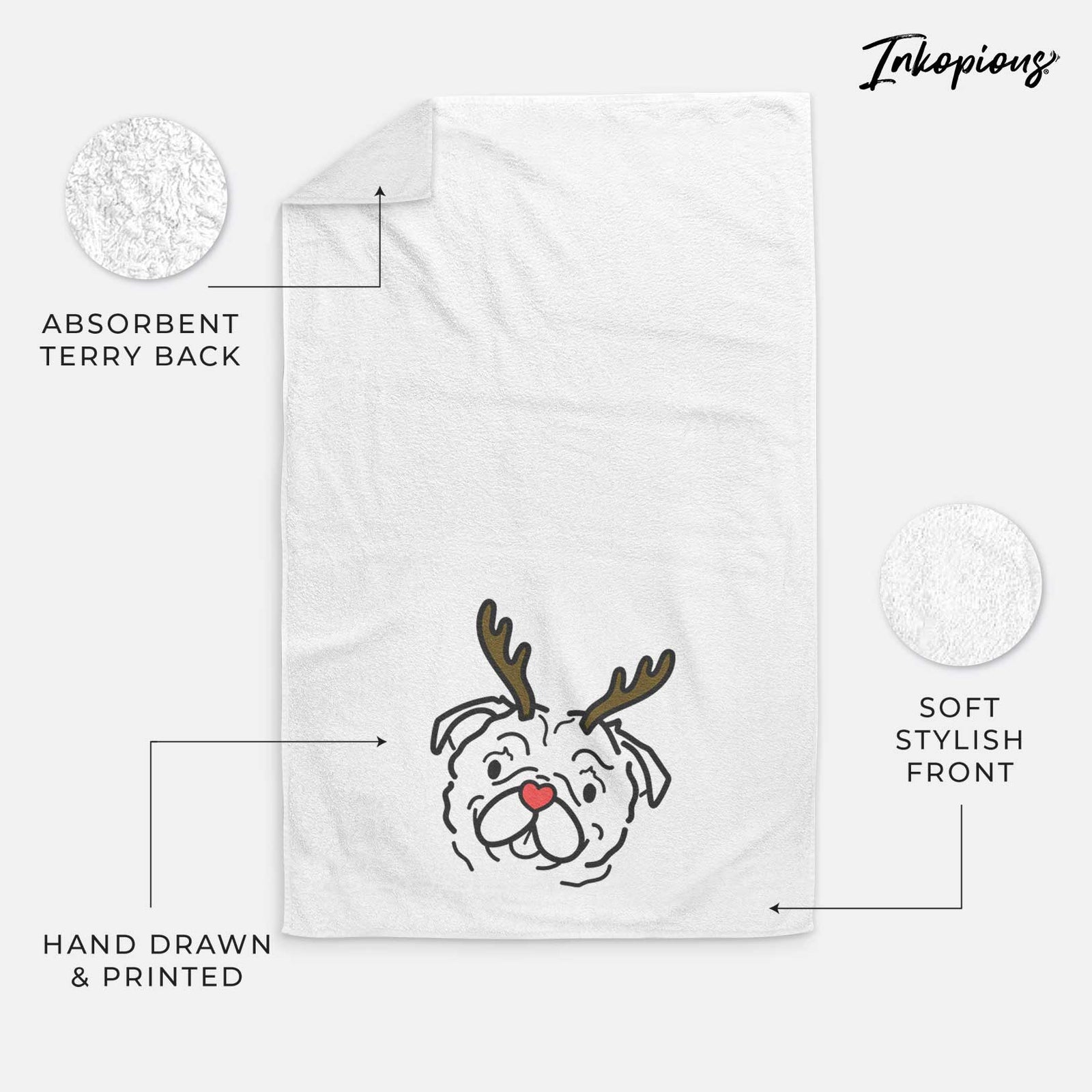 Minimalist line drawing of Pip the Pug with reindeer antlers and a red nose on a decorative hand towel
