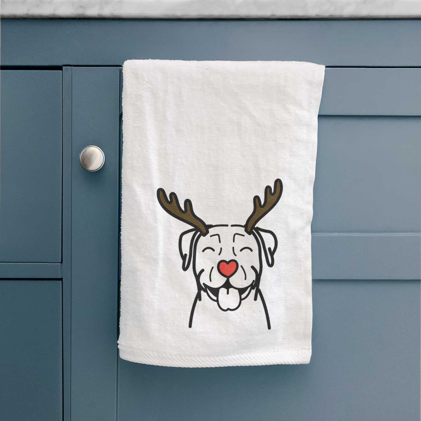 Minimalist line drawing of a Pitbull with reindeer antlers and a red nose on a decorative hand towel