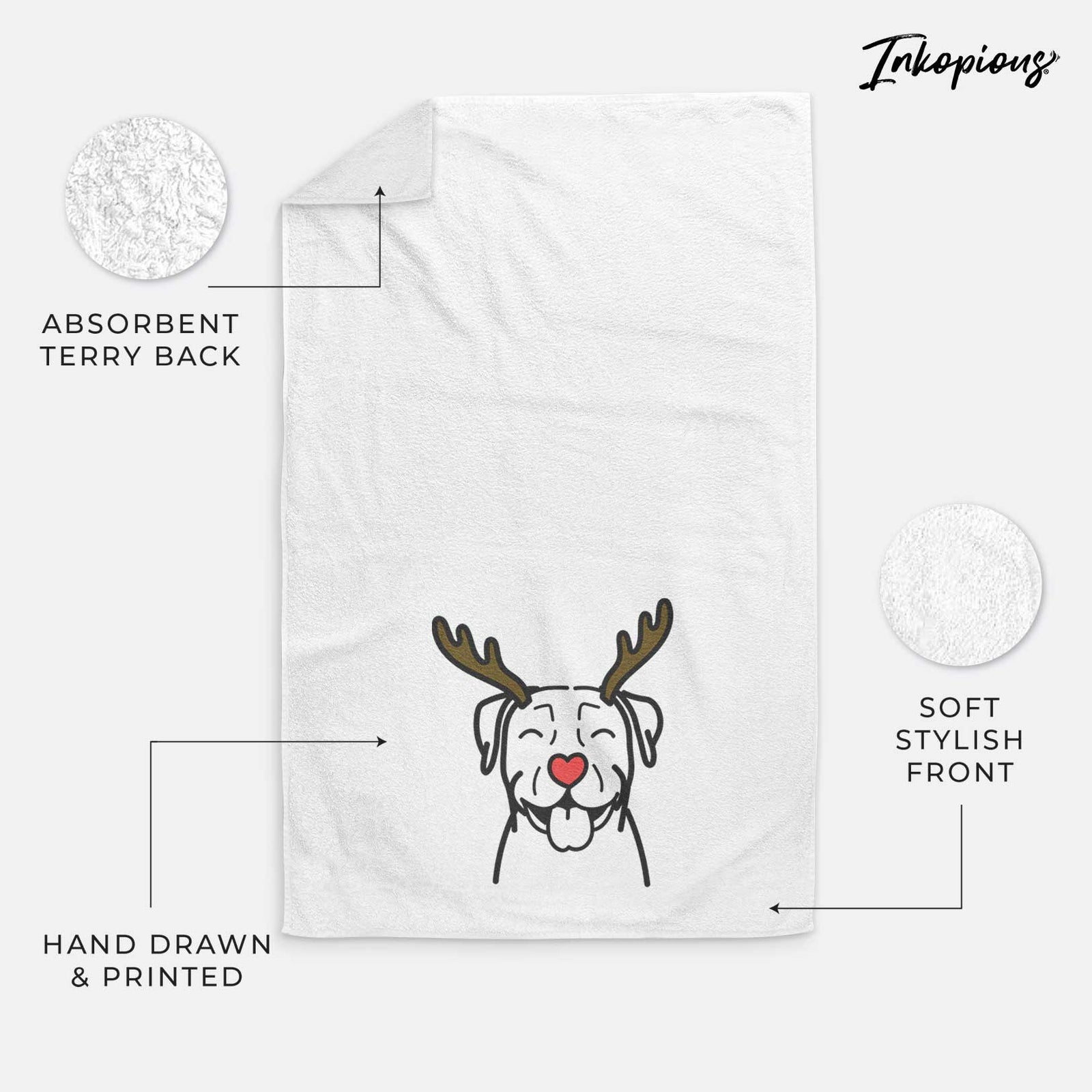 Minimalist line drawing of a Pitbull with reindeer antlers and a red nose on a decorative hand towel