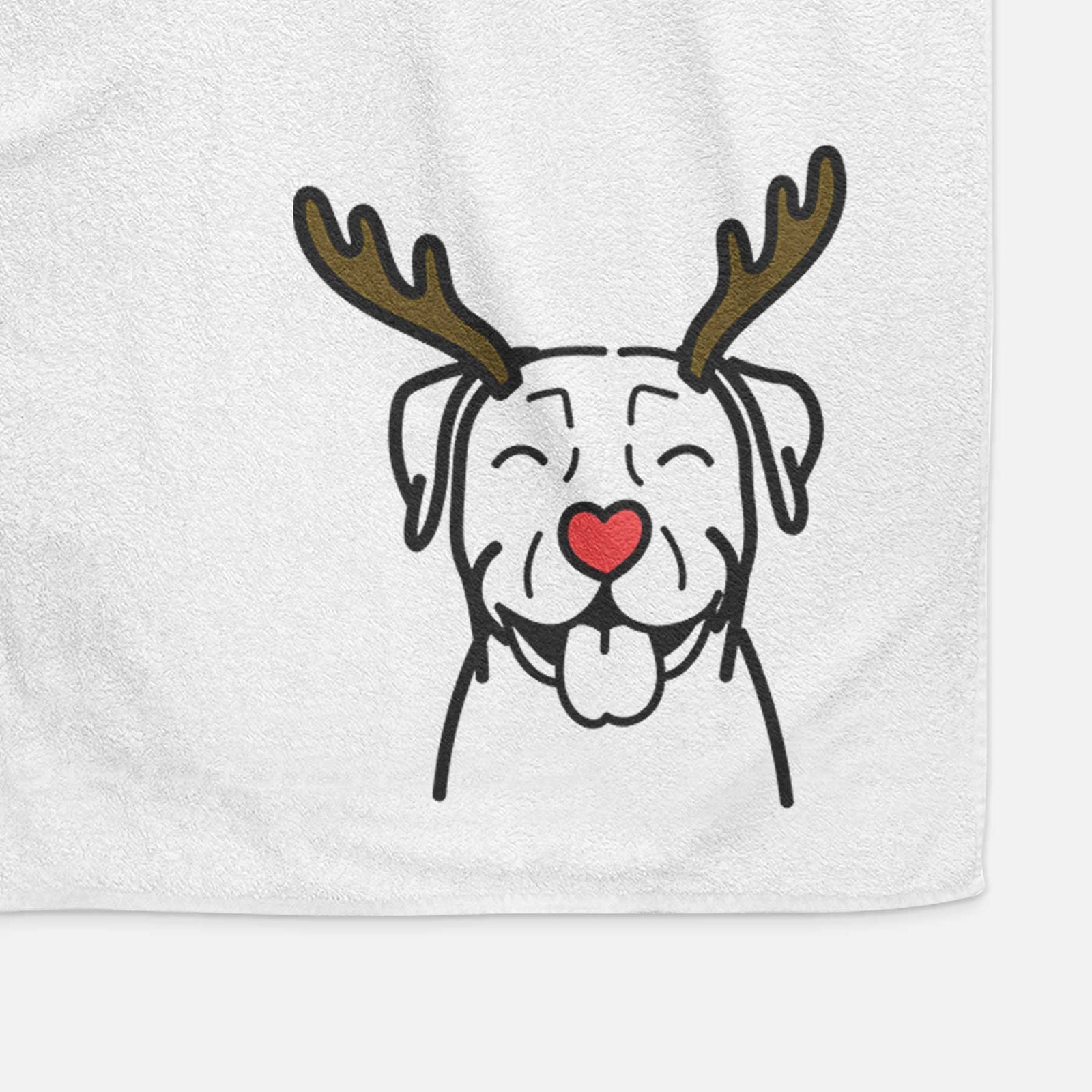 Minimalist line drawing of a Pitbull with reindeer antlers and a red nose on a decorative hand towel