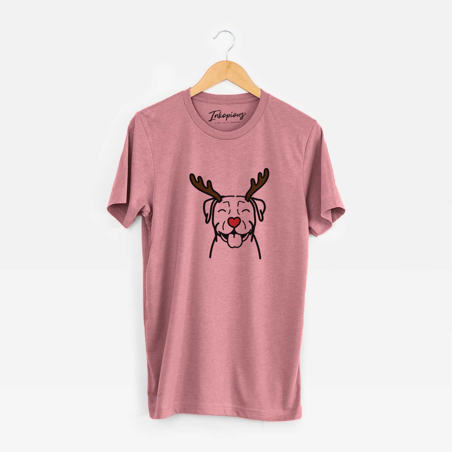 Minimalist line drawing of a Pitbull with reindeer antlers and a red nose on a Mauve Unisex crewneck