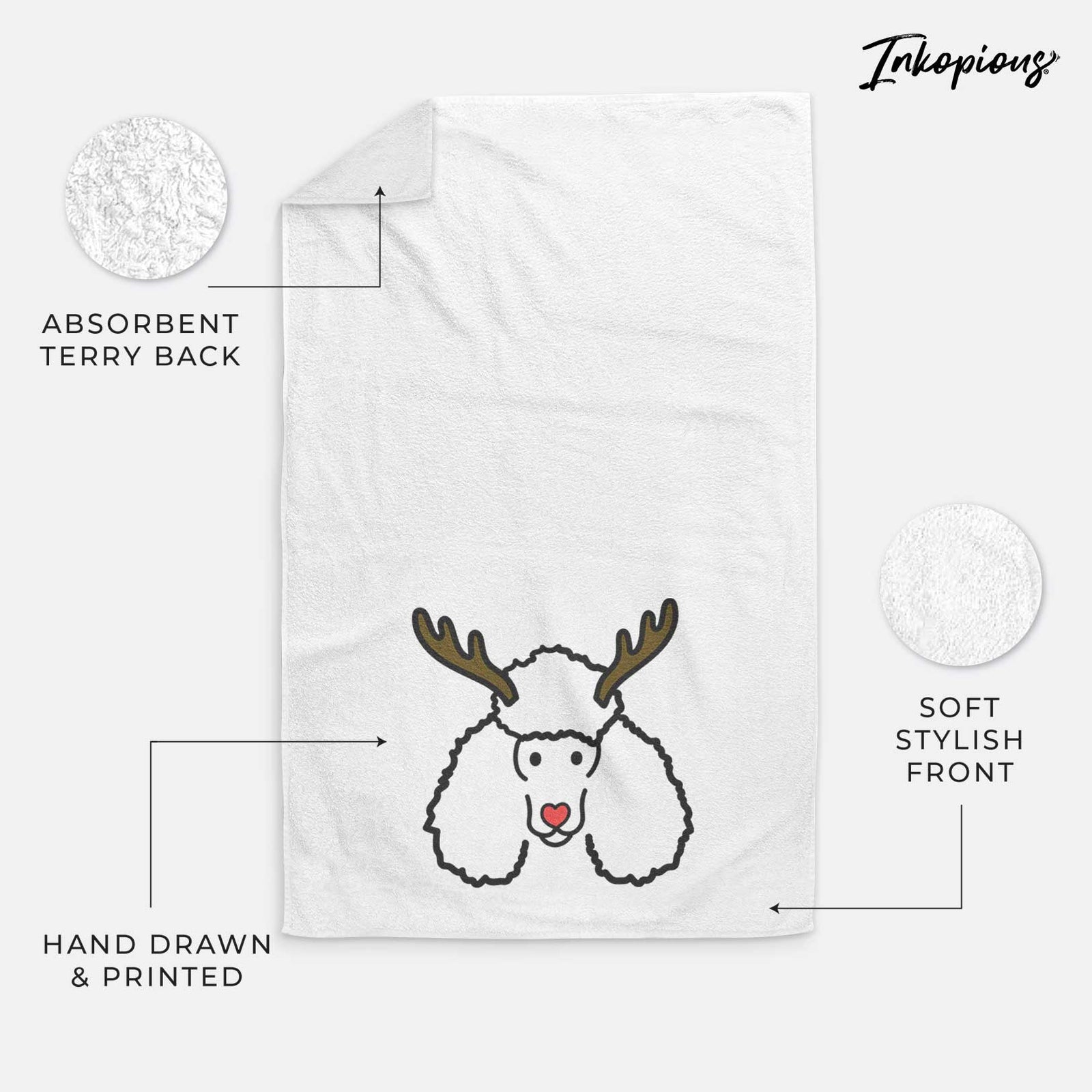 Minimalist line drawing of a Poodle with reindeer antlers and a red nose on a decorative hand towel