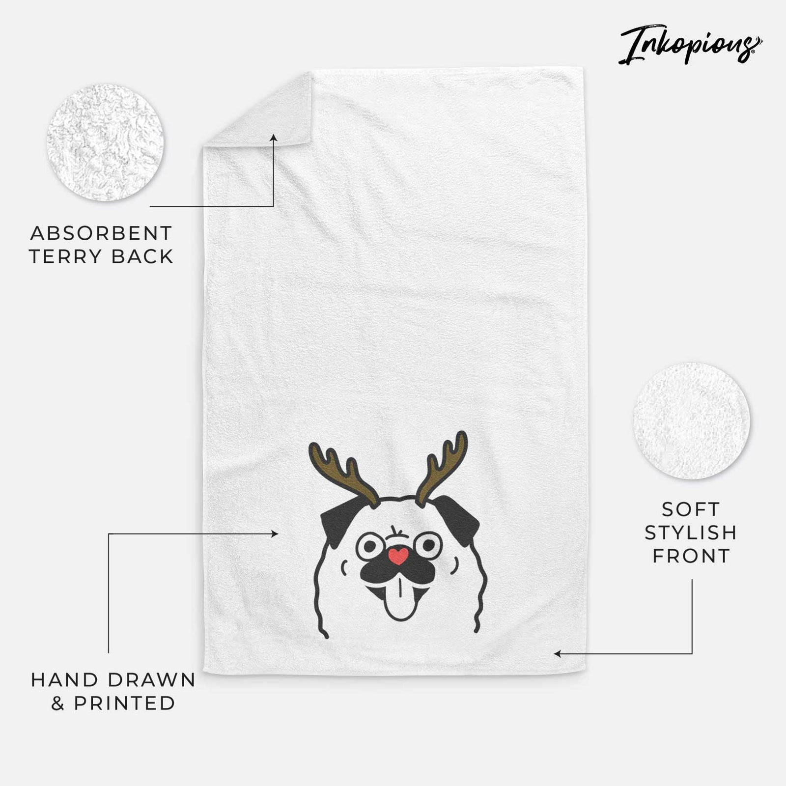 Minimalist line drawing of a Pug with reindeer antlers and a red nose on a decorative hand towel