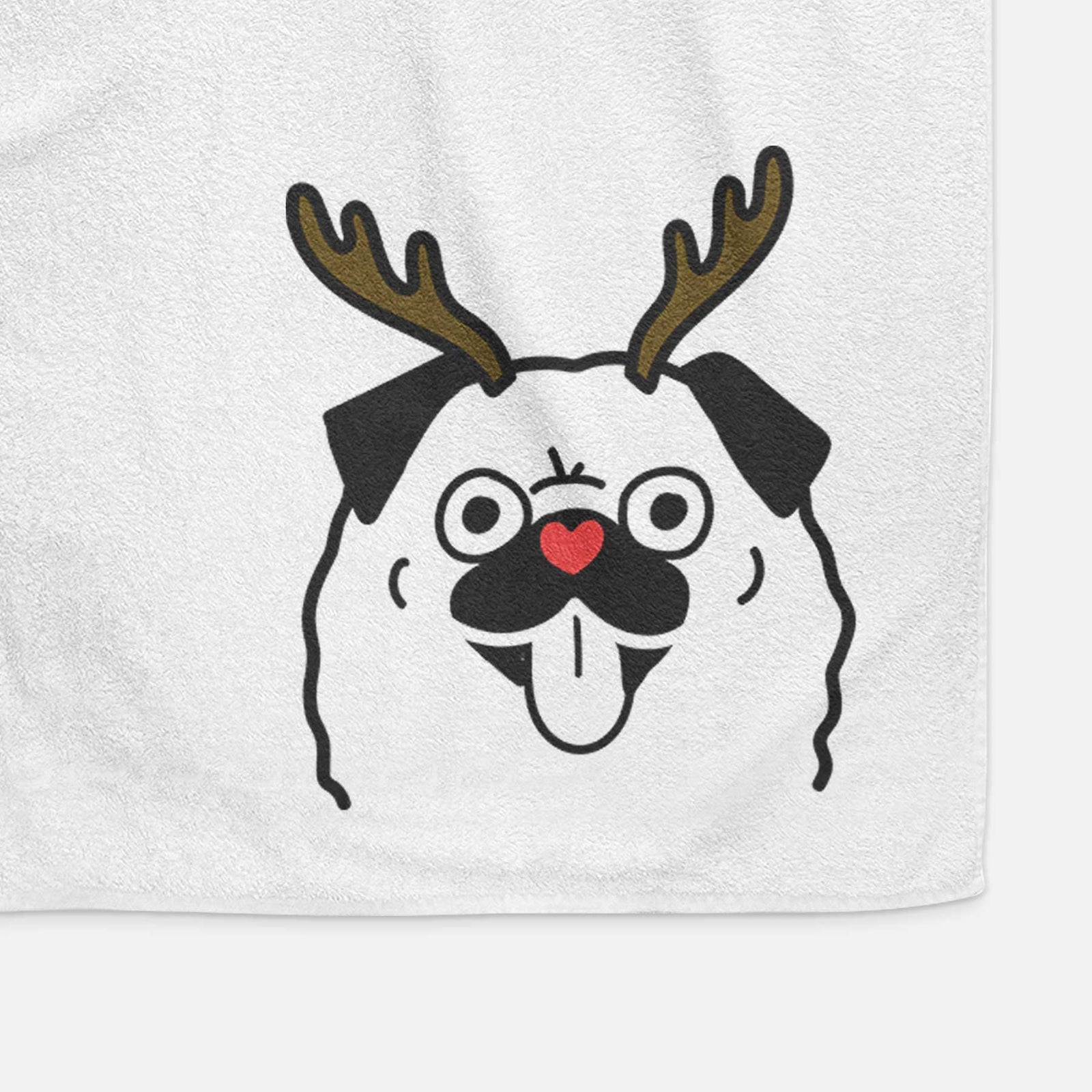 Minimalist line drawing of a Pug with reindeer antlers and a red nose on a decorative hand towel
