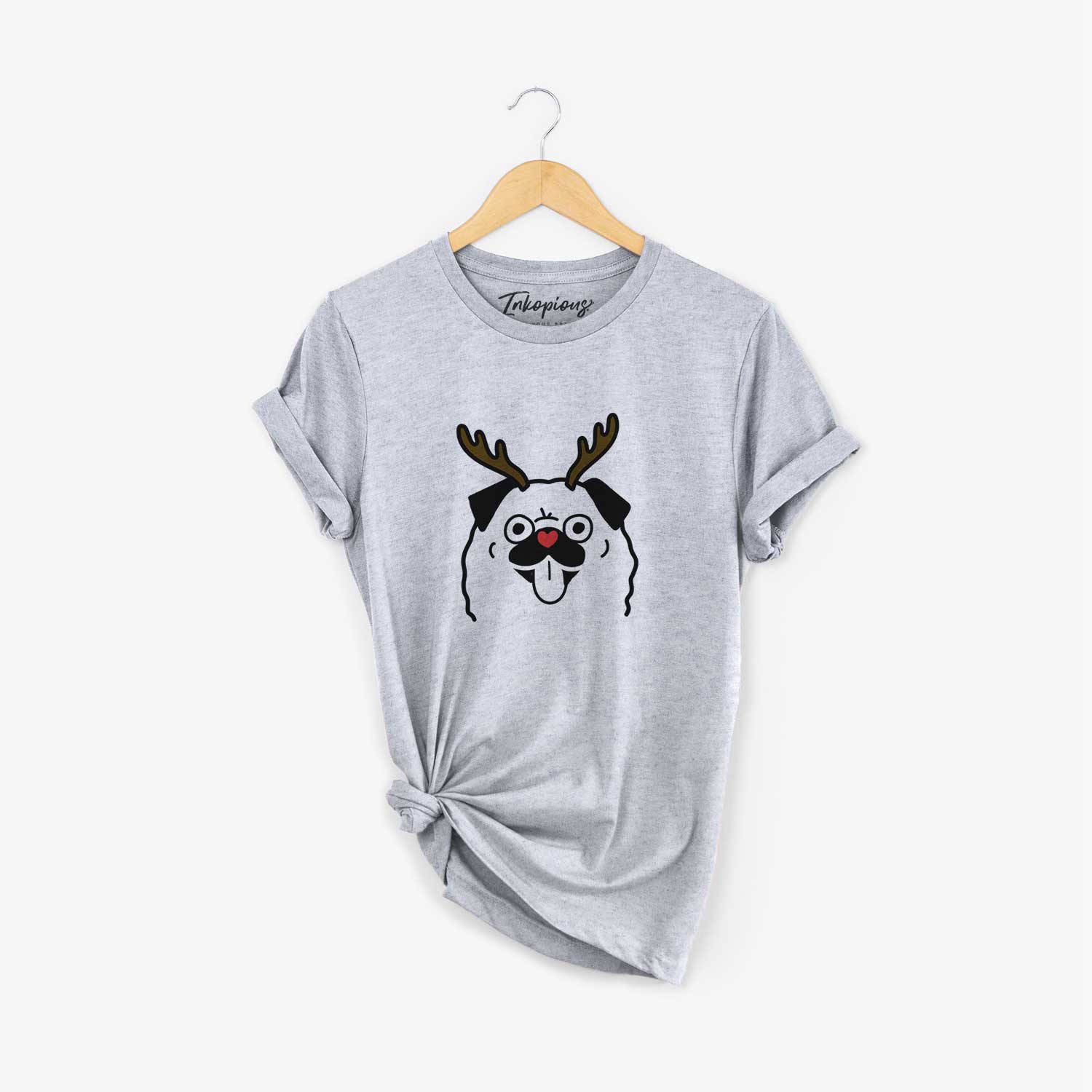 Minimalist line drawing of a Pug with reindeer antlers and a red nose on a Grey Unisex crewneck