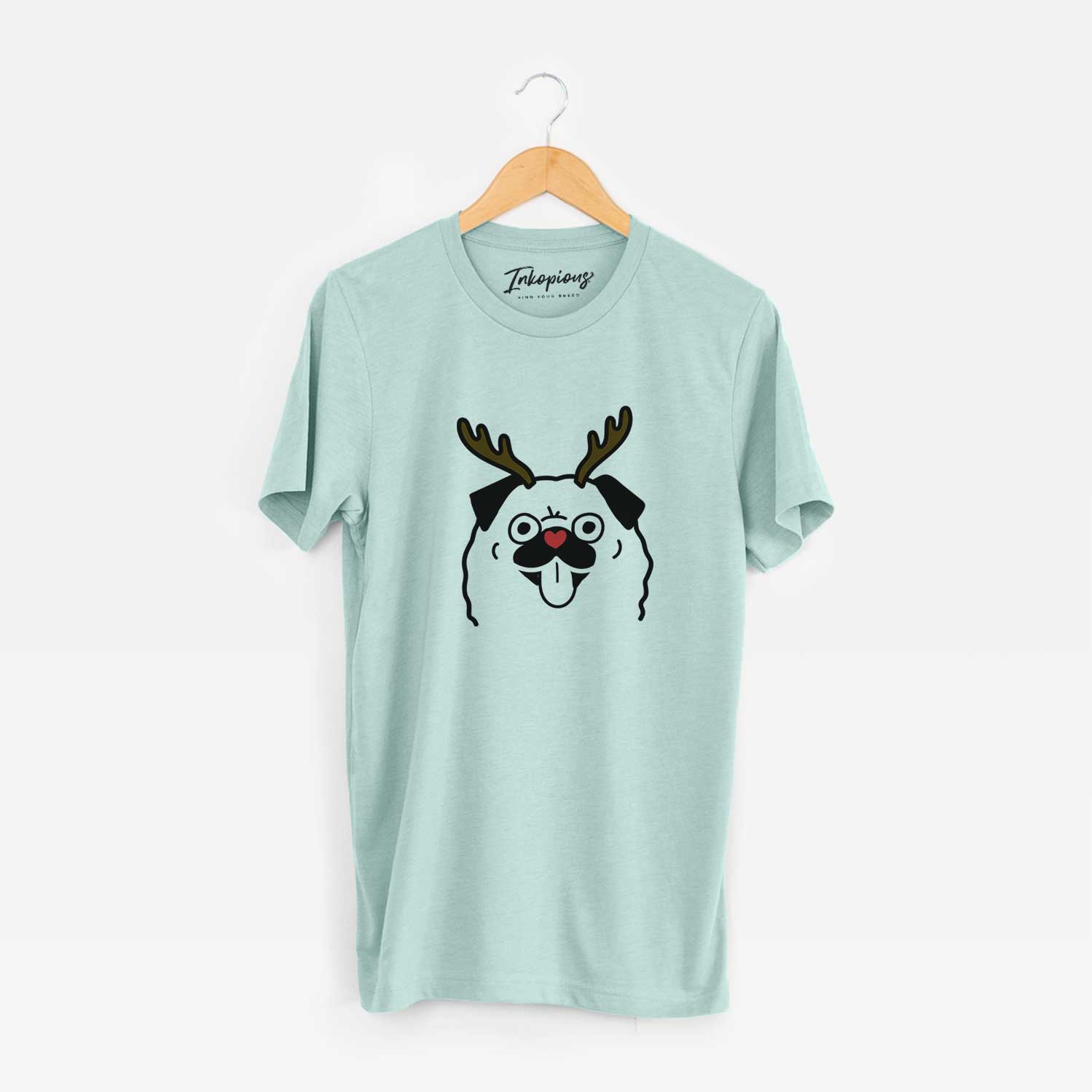 Minimalist line drawing of a Pug with reindeer antlers and a red nose on a Heather Sage Unisex crewneck