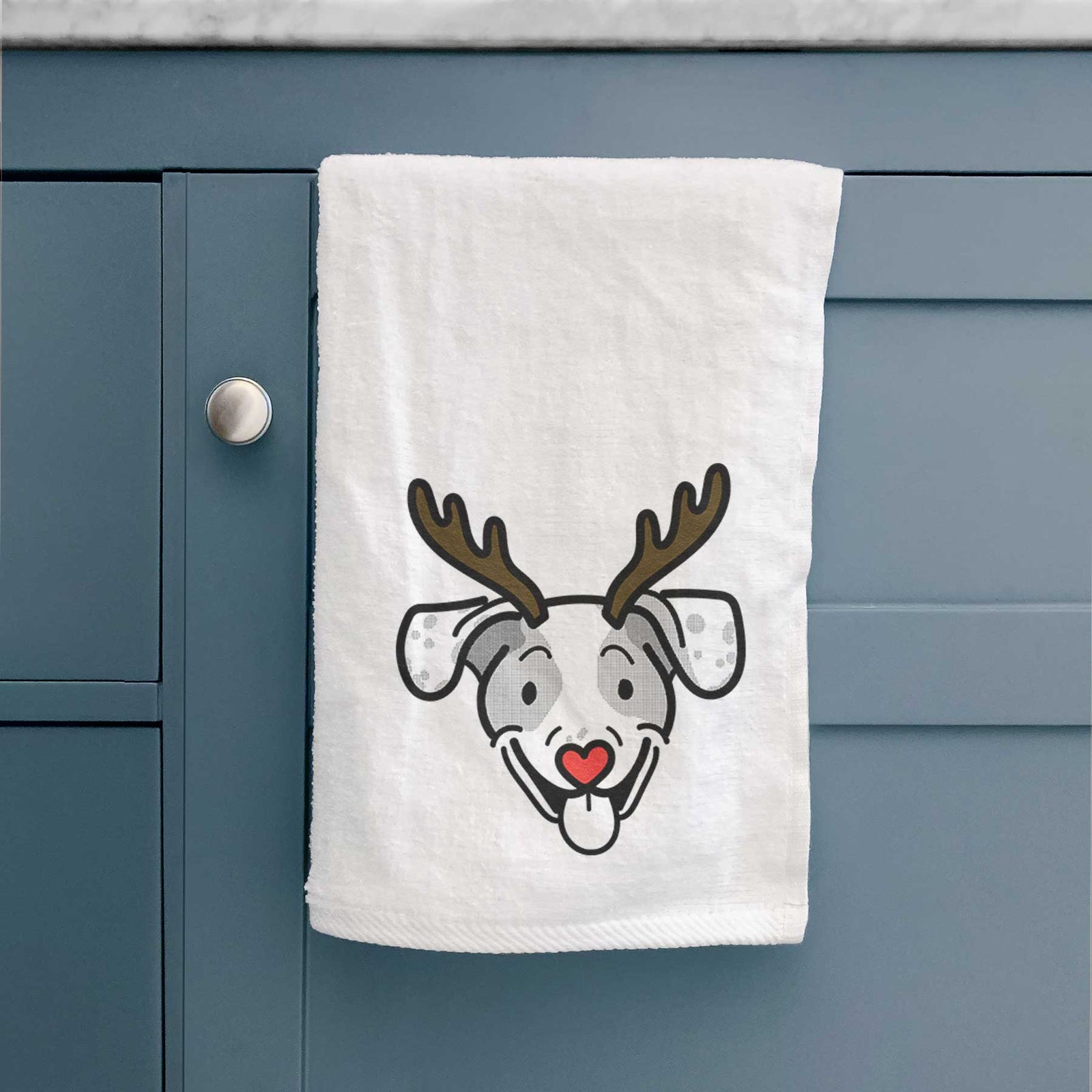 Minimalist line drawing of Roland the Beagle Mix with reindeer antlers and a red nose on a decorative hand towel