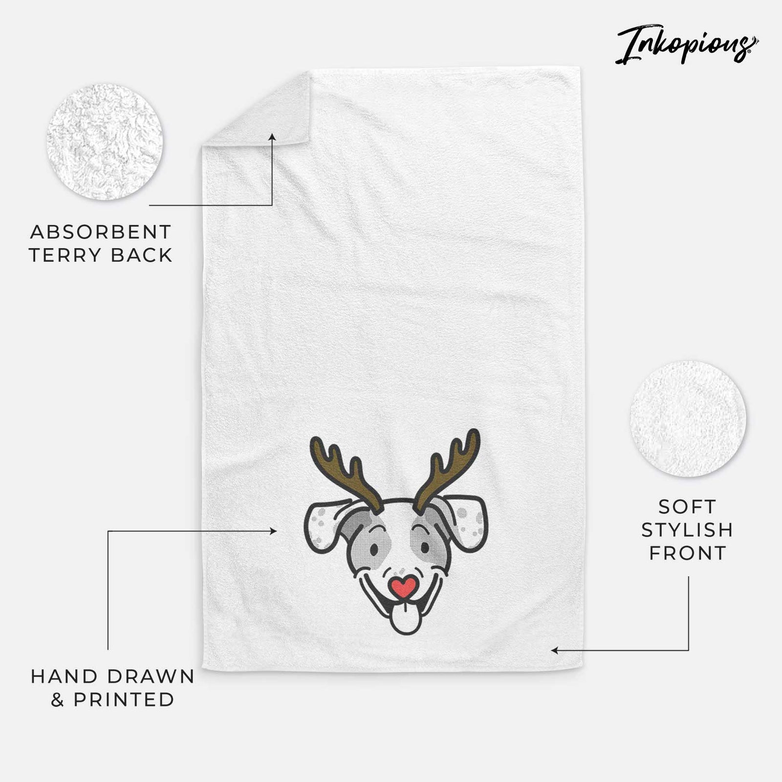 Minimalist line drawing of Roland the Beagle Mix with reindeer antlers and a red nose on a decorative hand towel