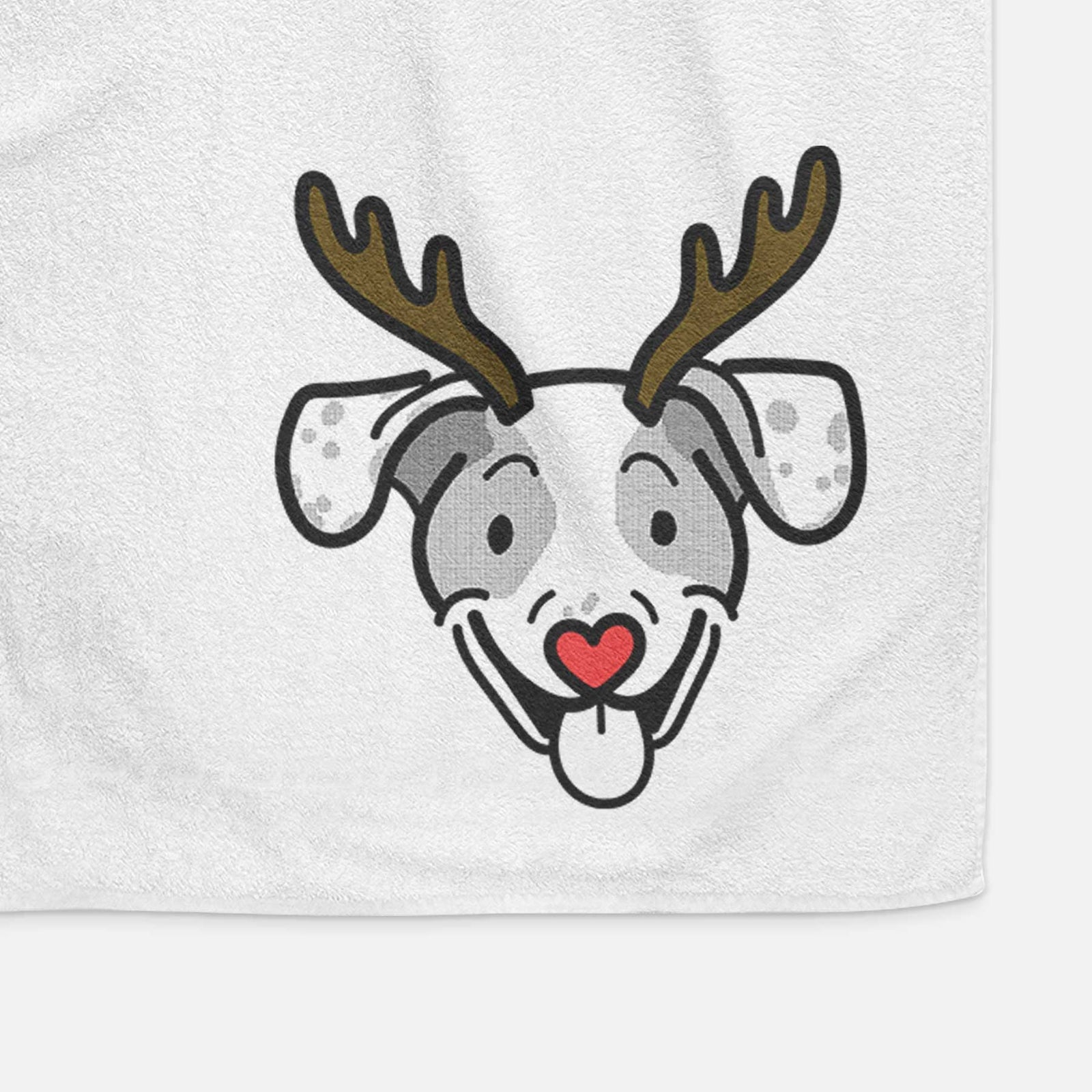 Minimalist line drawing of Roland the Beagle Mix with reindeer antlers and a red nose on a decorative hand towel