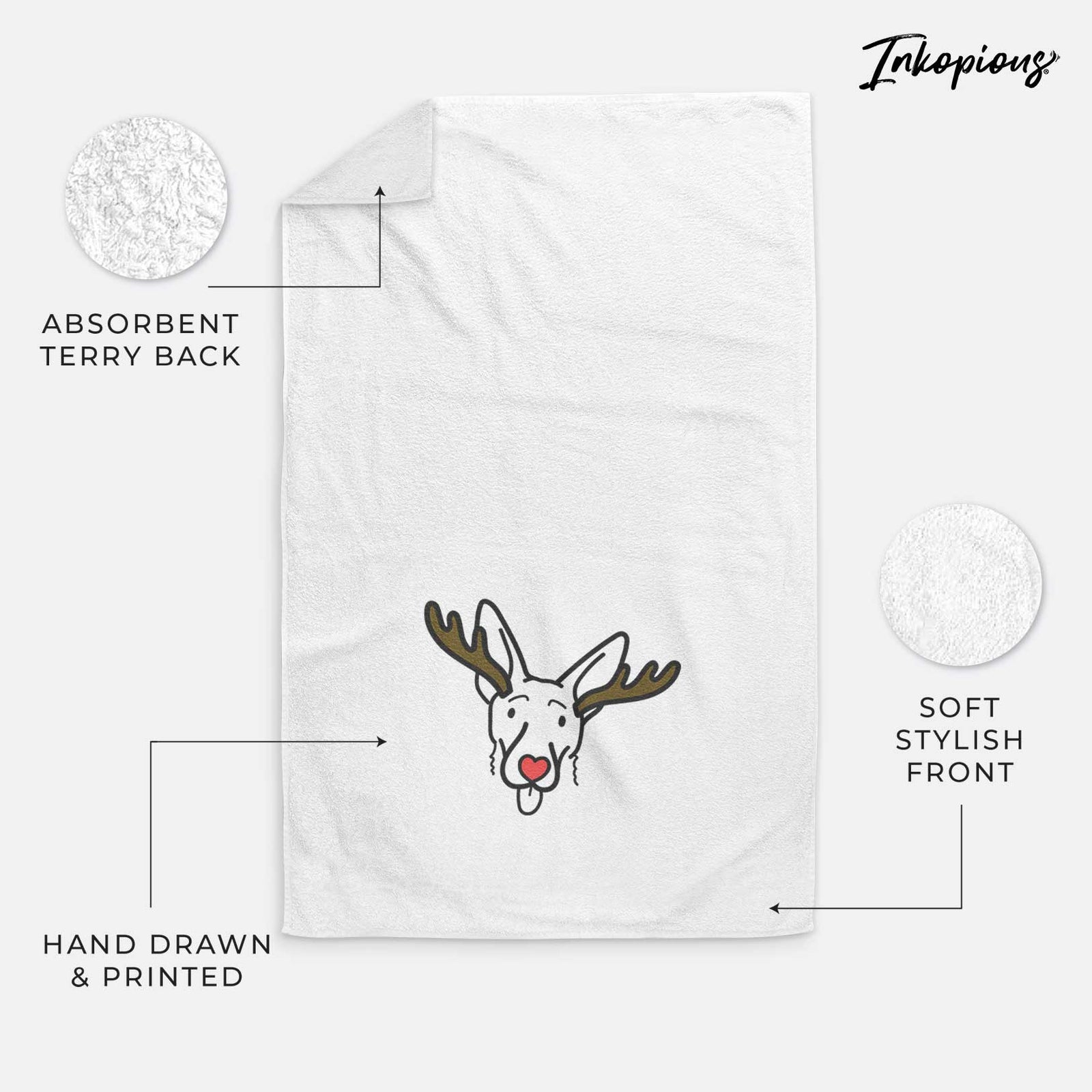 Minimalist line drawing of Rosie the Shepherd Mix with reindeer antlers and a red nose on a decorative hand towel