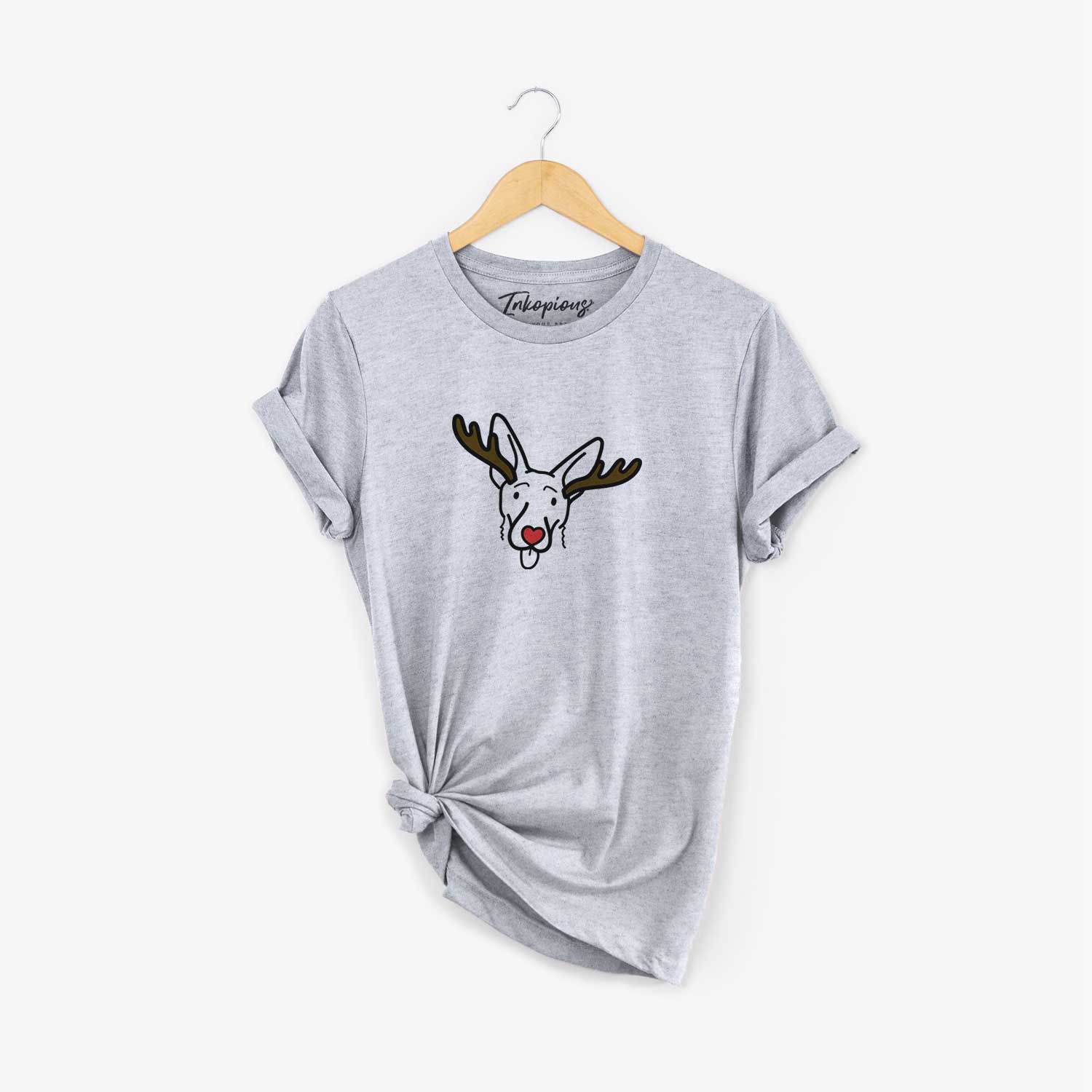 Minimalist line drawing of Rosie the Shepherd Mix with reindeer antlers and a red nose on a Grey Unisex crewneck