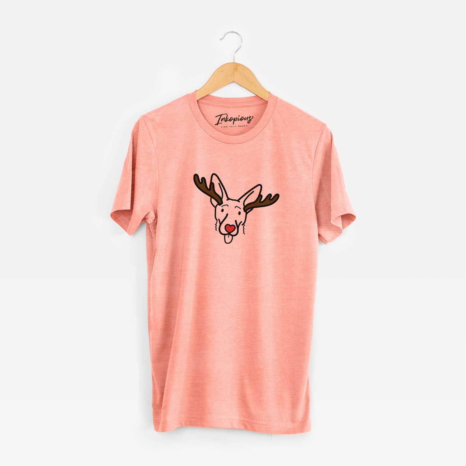 Minimalist line drawing of Rosie the Shepherd Mix with reindeer antlers and a red nose on a Sunset Unisex crewneck
