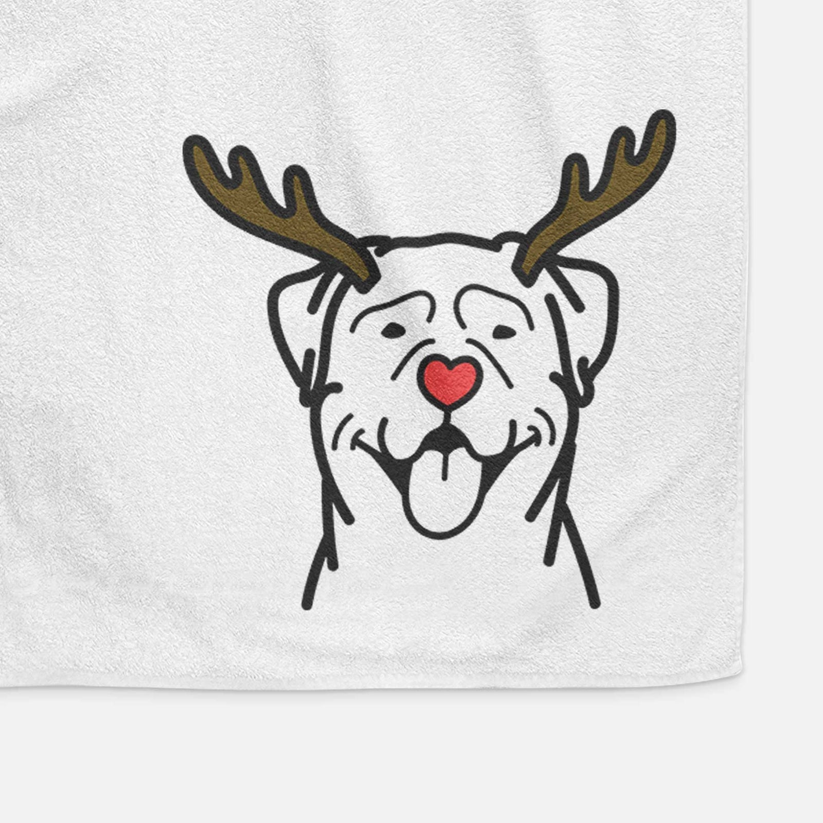 Minimalist line drawing of a Rottweiler with reindeer antlers and a red nose on a decorative hand towel