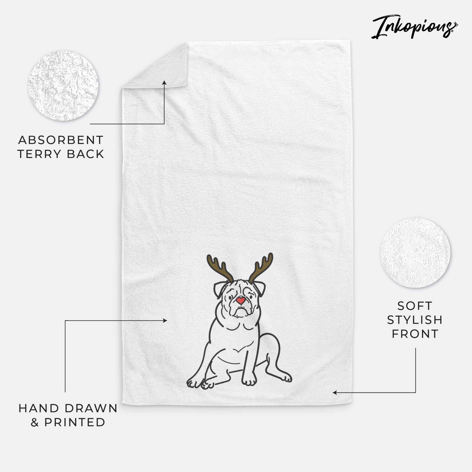 Minimalist line drawing of Rudy the Pug with reindeer antlers and a red nose on a decorative hand towel