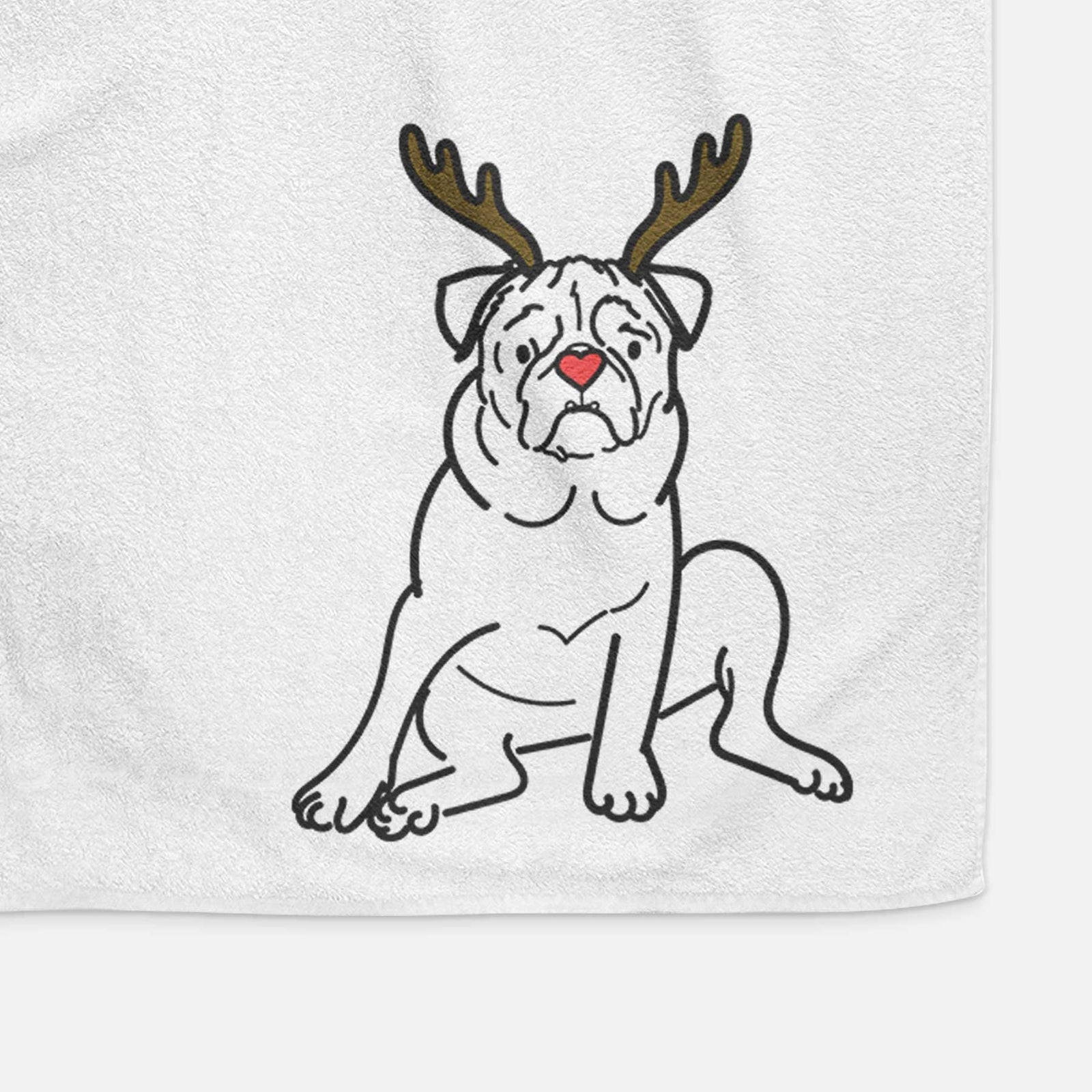 Minimalist line drawing of Rudy the Pug with reindeer antlers and a red nose on a decorative hand towel
