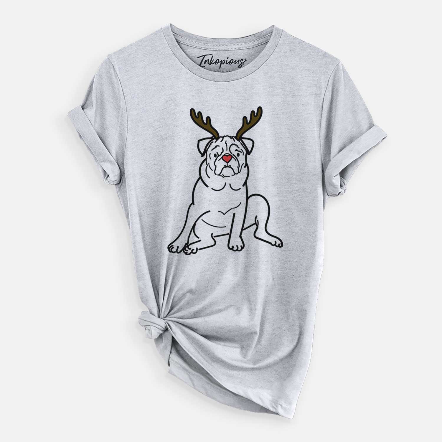 Minimalist line drawing of Rudy the Pug with reindeer antlers and a red nose on a Grey Unisex crewneck