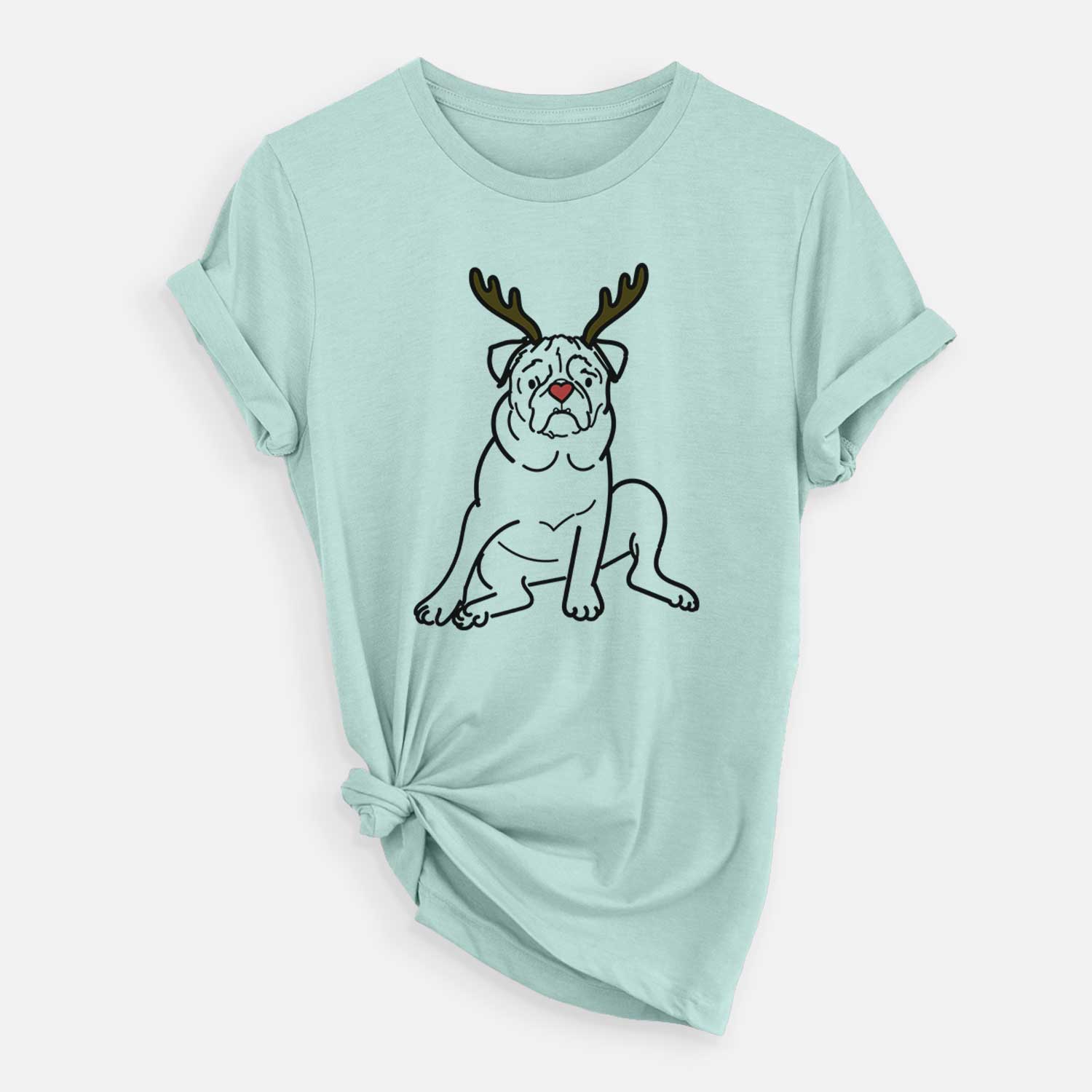 Minimalist line drawing of Rudy the Pug with reindeer antlers and a red nose on a Heather Sage Unisex crewneck