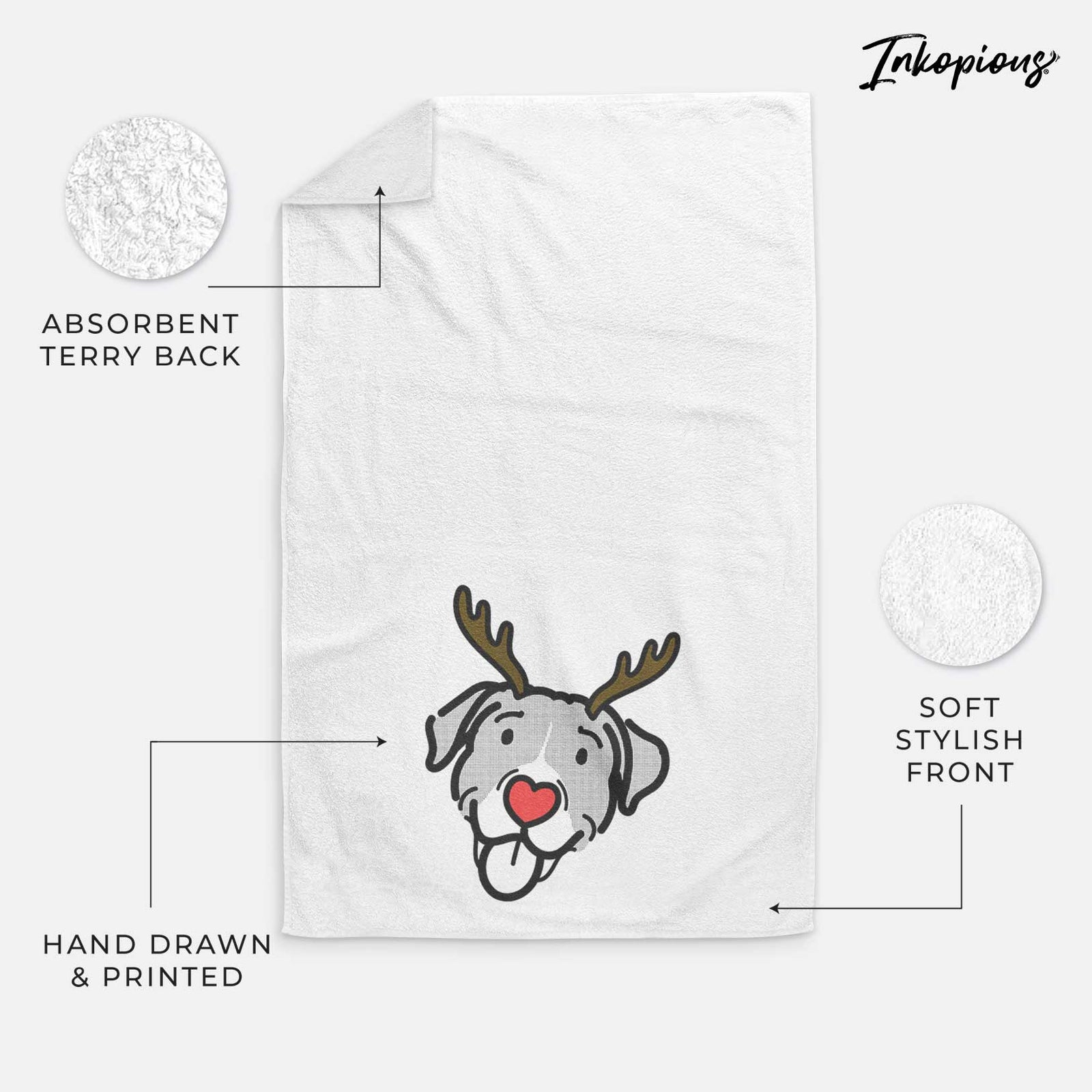 Minimalist line drawing of Shadow the Pitbull Mix with reindeer antlers and a red nose on a decorative hand towel