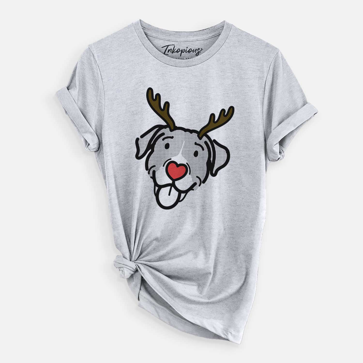 Minimalist line drawing of Shadow the Pitbull Mix with reindeer antlers and a red nose on a Grey Unisex crewneck