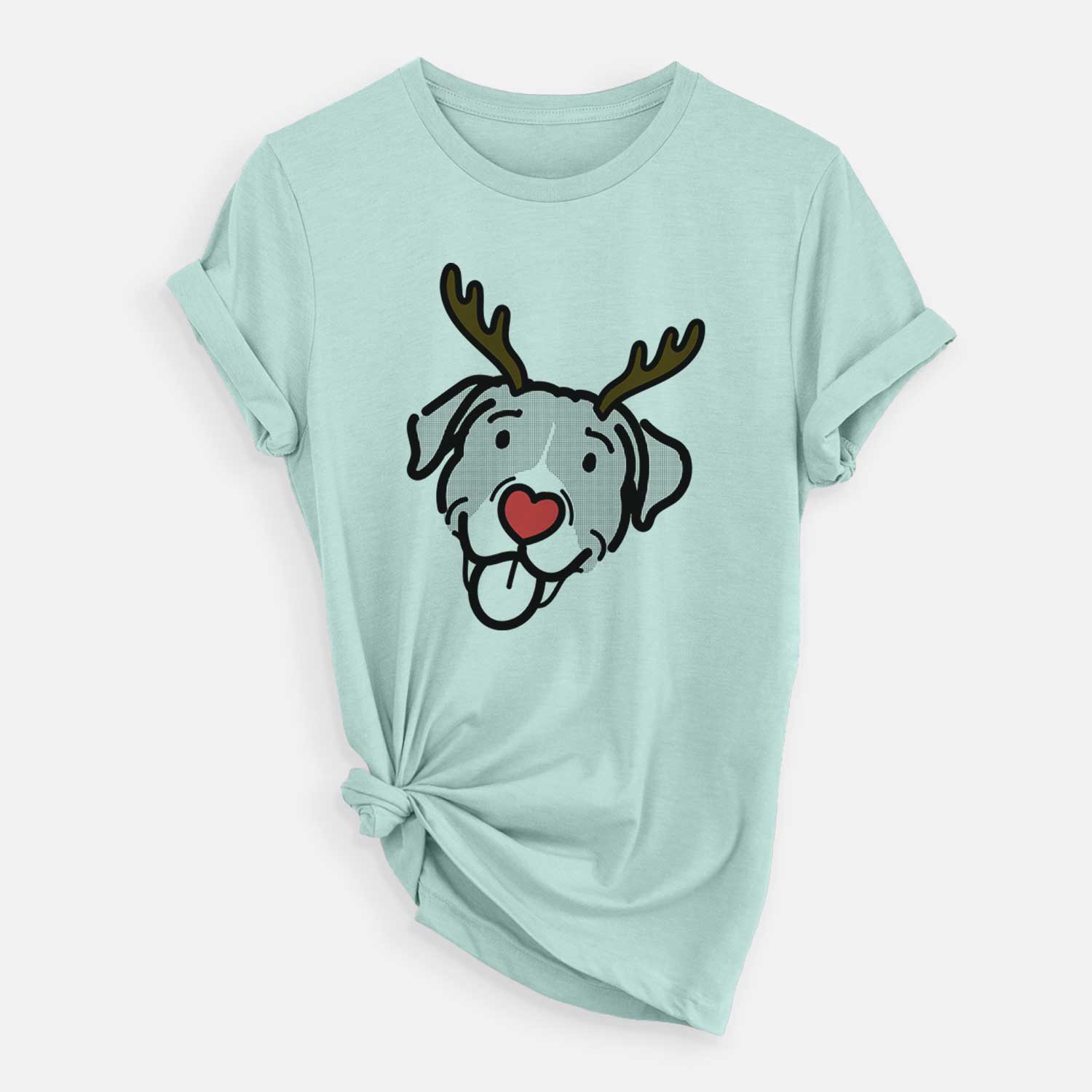 Minimalist line drawing of Shadow the Pitbull Mix with reindeer antlers and a red nose on a Heather Sage Unisex crewneck
