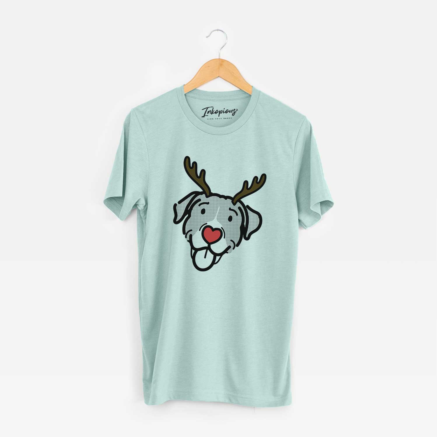 Minimalist line drawing of Shadow the Pitbull Mix with reindeer antlers and a red nose on a Heather Sage Unisex crewneck