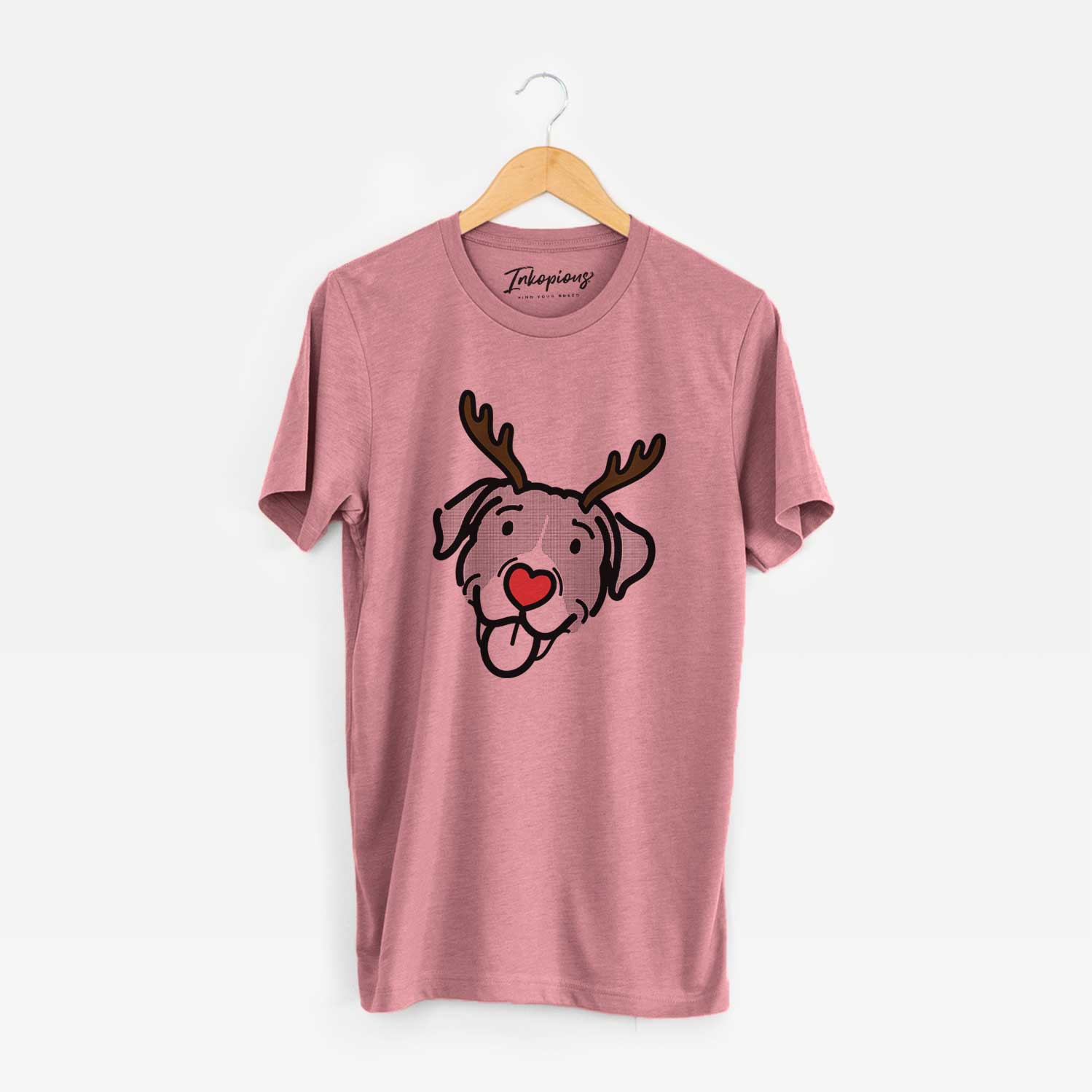 Minimalist line drawing of Shadow the Pitbull Mix with reindeer antlers and a red nose on a Mauve Unisex crewneck