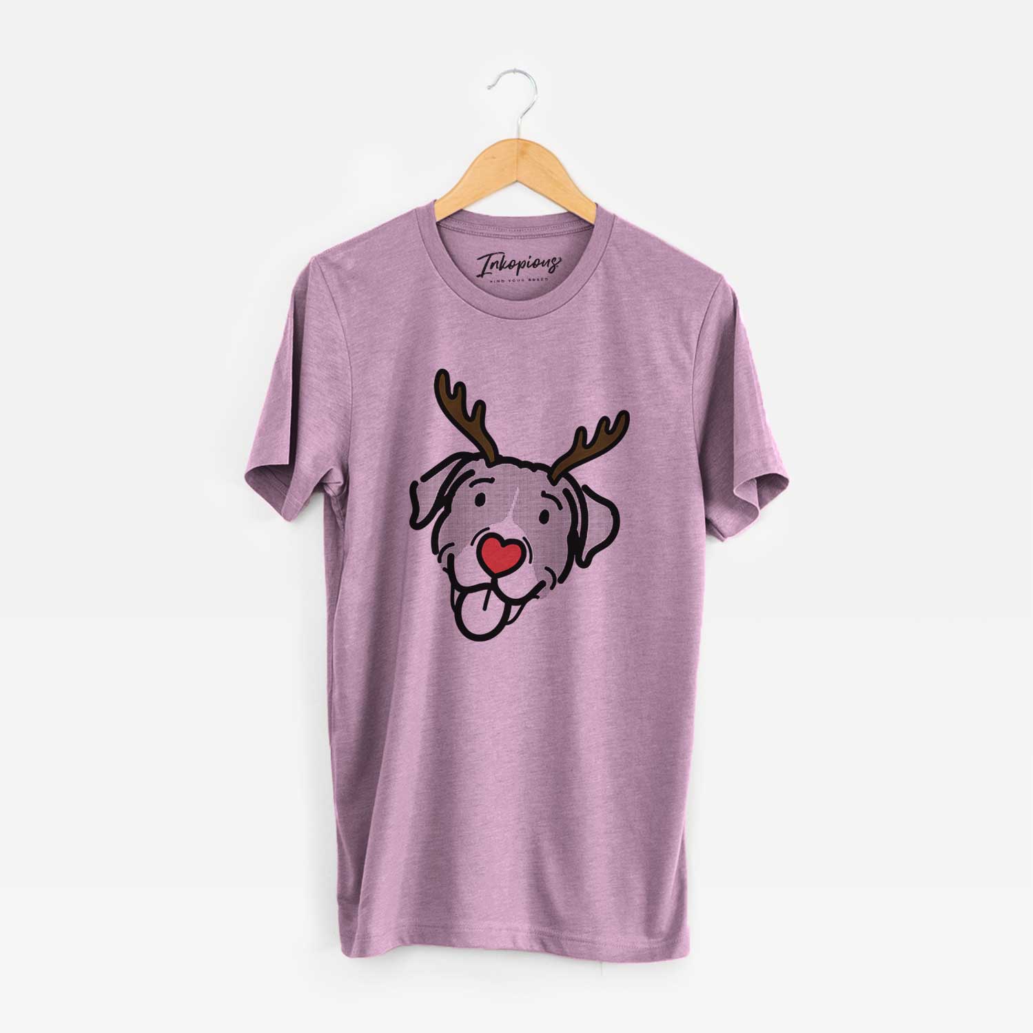 Minimalist line drawing of Shadow the Pitbull Mix with reindeer antlers and a red nose on an Orchid Unisex crewneck