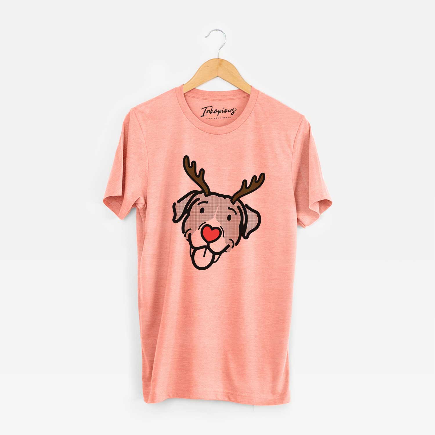 Minimalist line drawing of Shadow the Pitbull Mix with reindeer antlers and a red nose on a Sunset Unisex crewneck