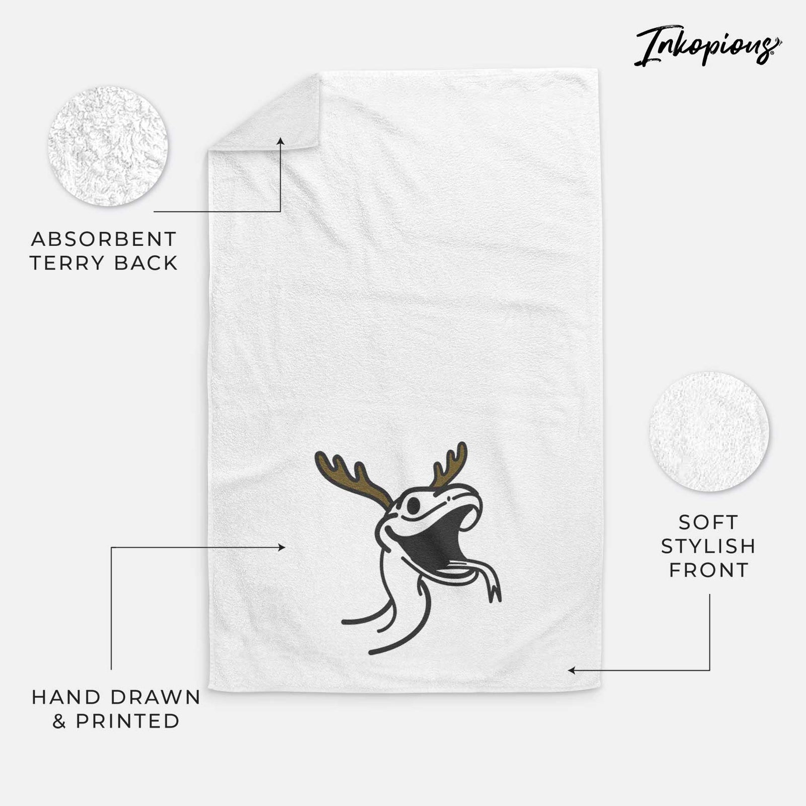 Minimalist line drawing of Spike the Snake with reindeer antlers and a red nose on a decorative hand towel