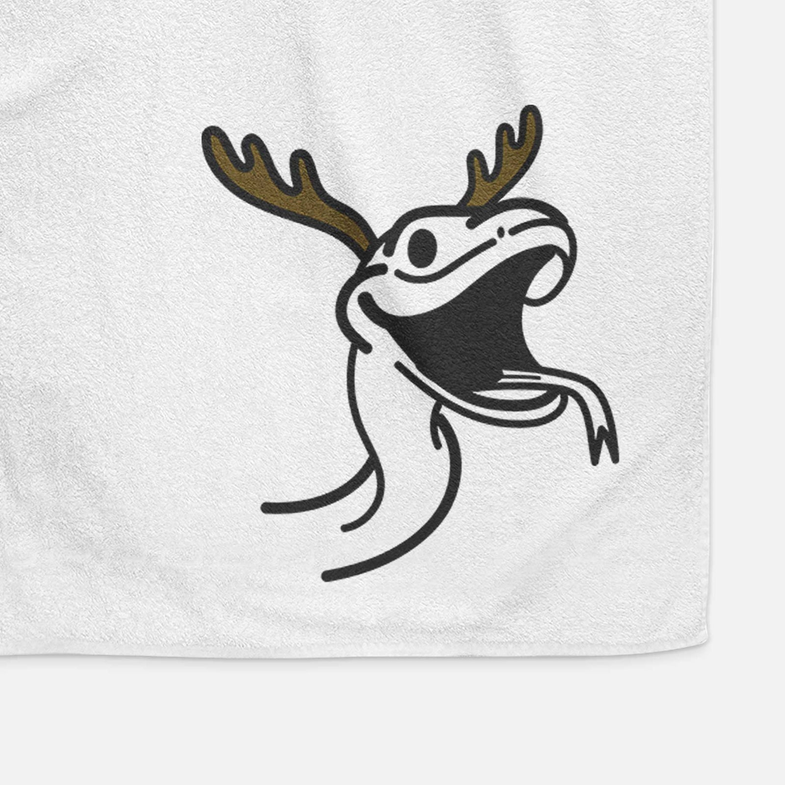Minimalist line drawing of Spike the Snake with reindeer antlers and a red nose on a decorative hand towel