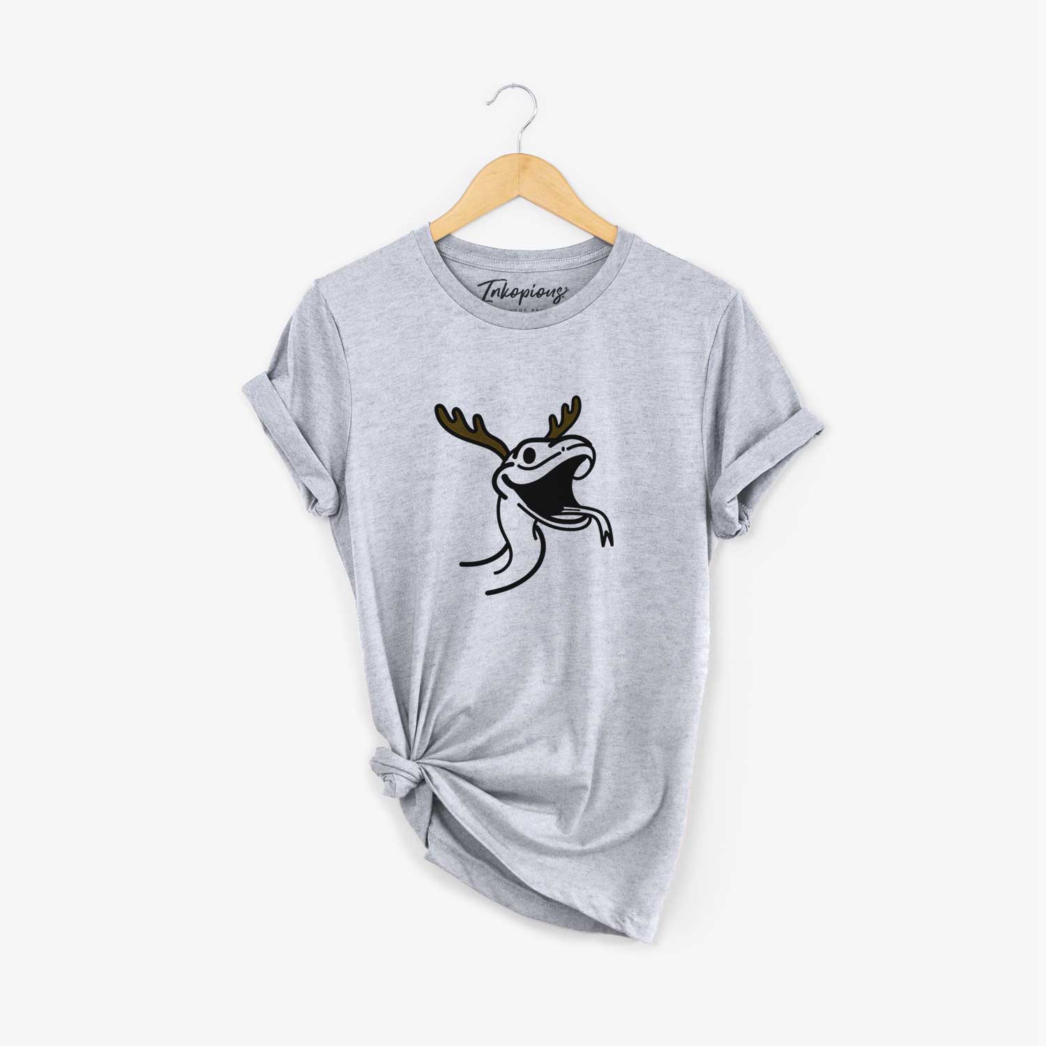 Minimalist line drawing of Spike the Snake with reindeer antlers and a red nose on a Grey Unisex crewneck