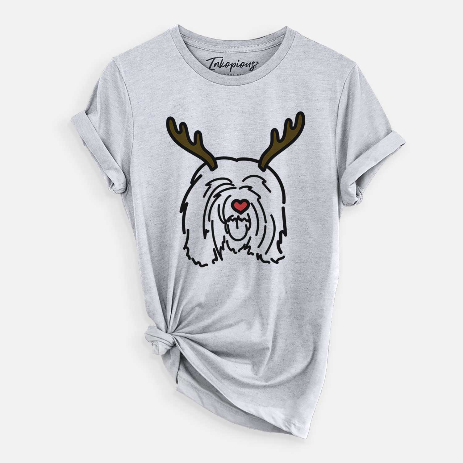 Minimalist line drawing of Stan the Tibetan Mastiff with reindeer antlers and a red nose on a Grey Unisex crewneck