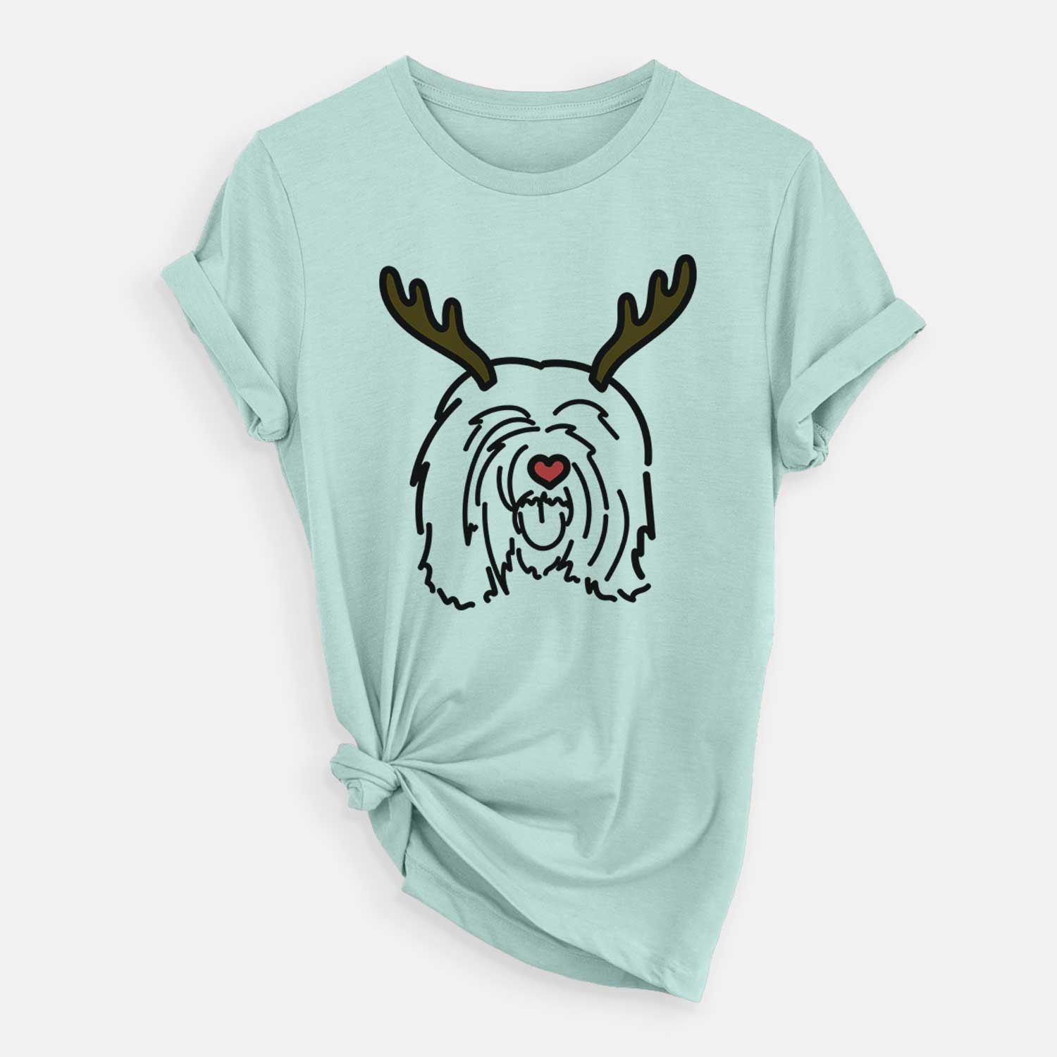 Minimalist line drawing of Stan the Tibetan Mastiff with reindeer antlers and a red nose on a Heather Sage Unisex crewneck