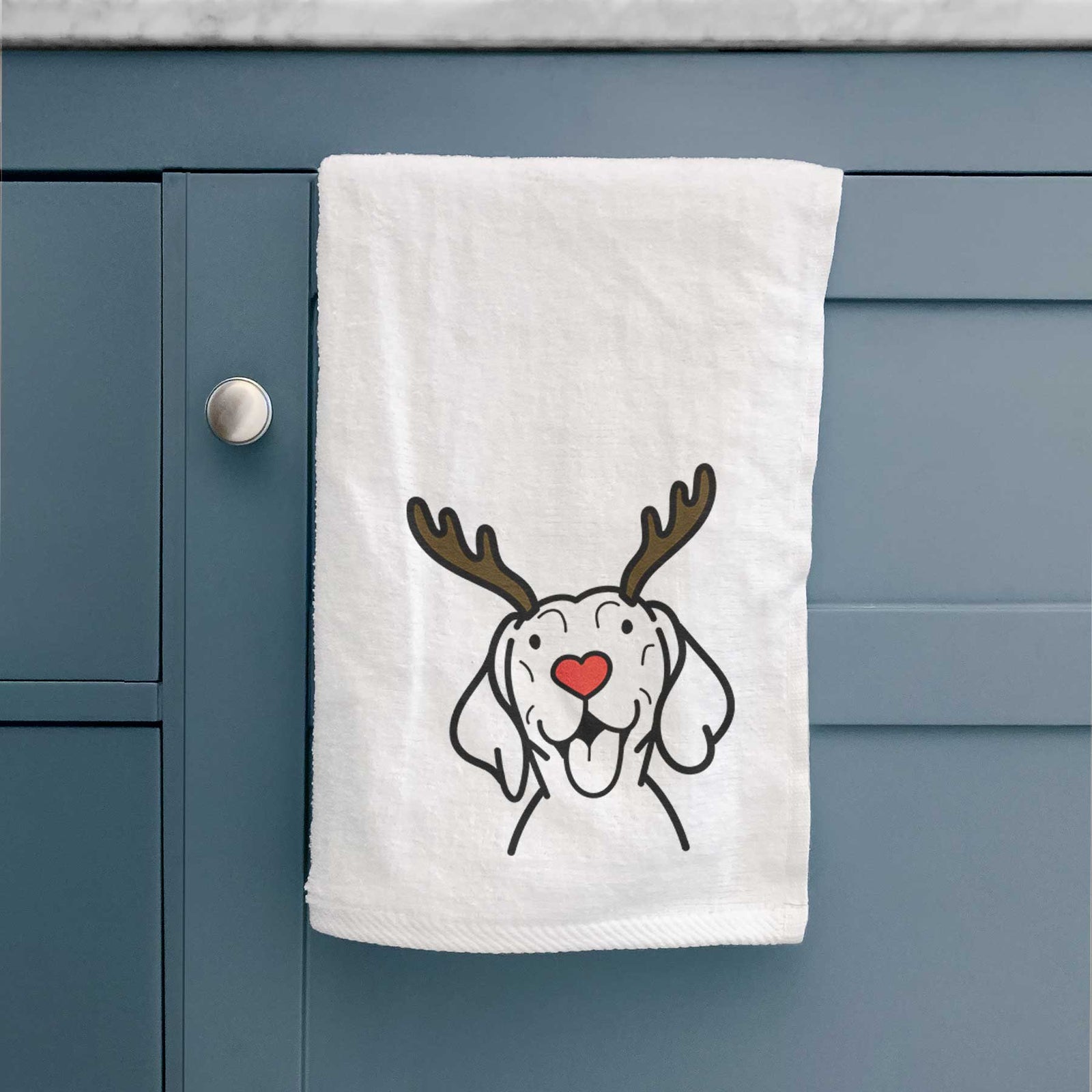 Minimalist line drawing of a Vizsla with reindeer antlers and a red nose on a decorative hand towel