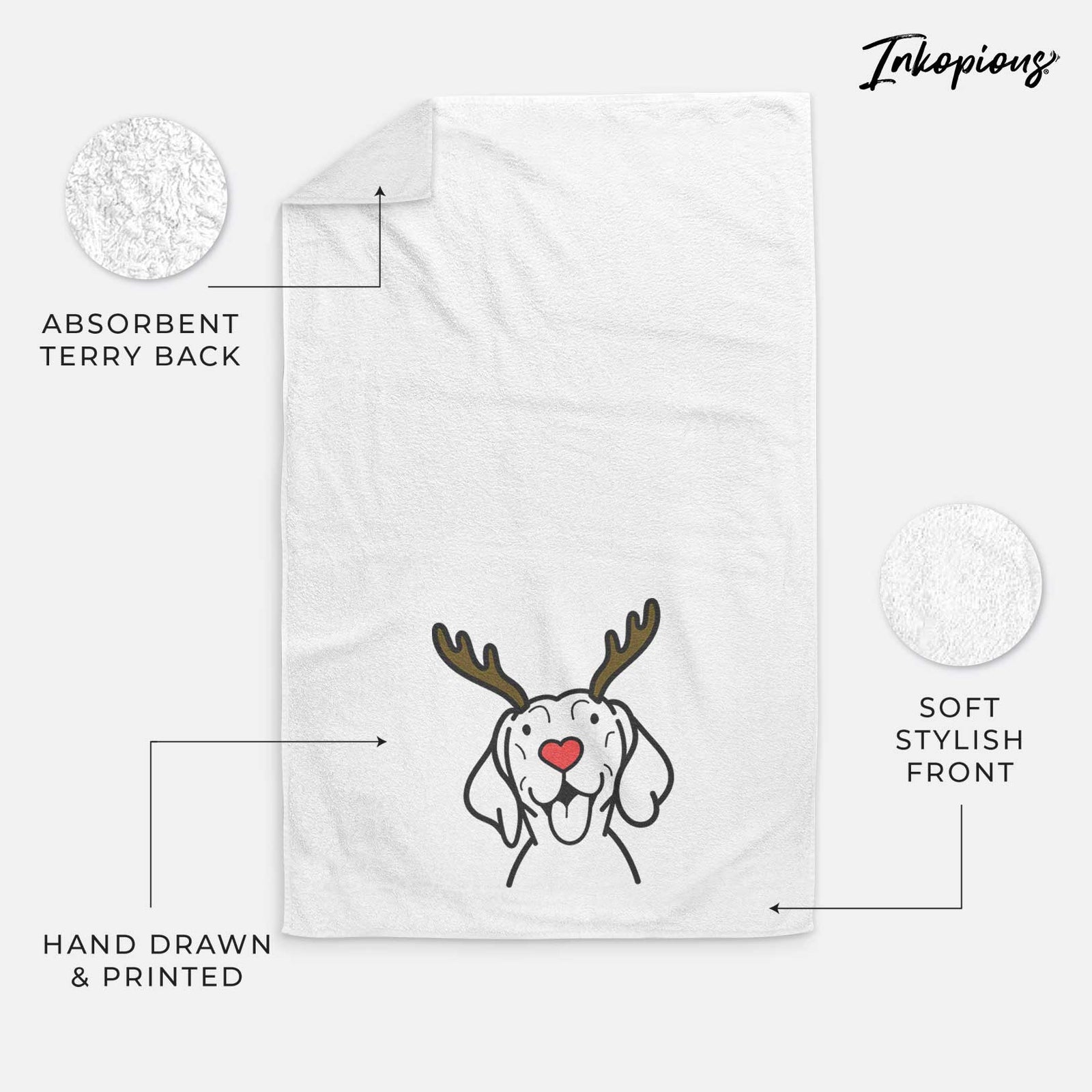 Minimalist line drawing of a Vizsla with reindeer antlers and a red nose on a decorative hand towel
