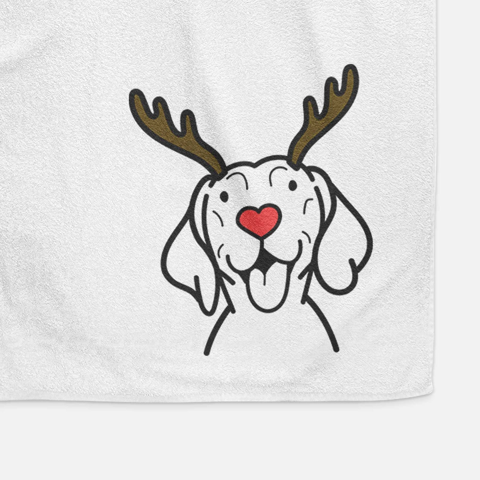 Minimalist line drawing of a Vizsla with reindeer antlers and a red nose on a decorative hand towel