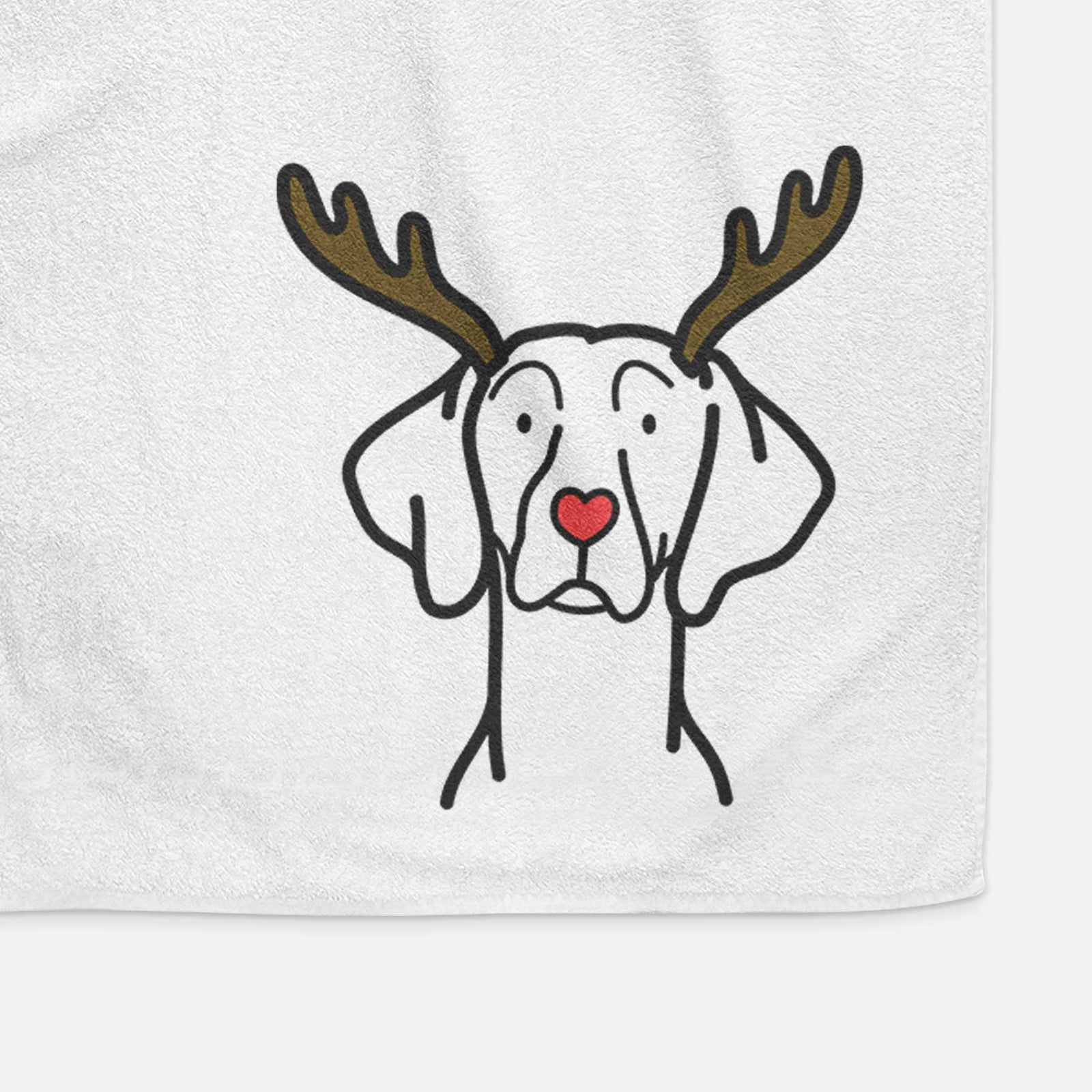 Minimalist line drawing of a Weimaraner with reindeer antlers and a red nose on a decorative hand towel