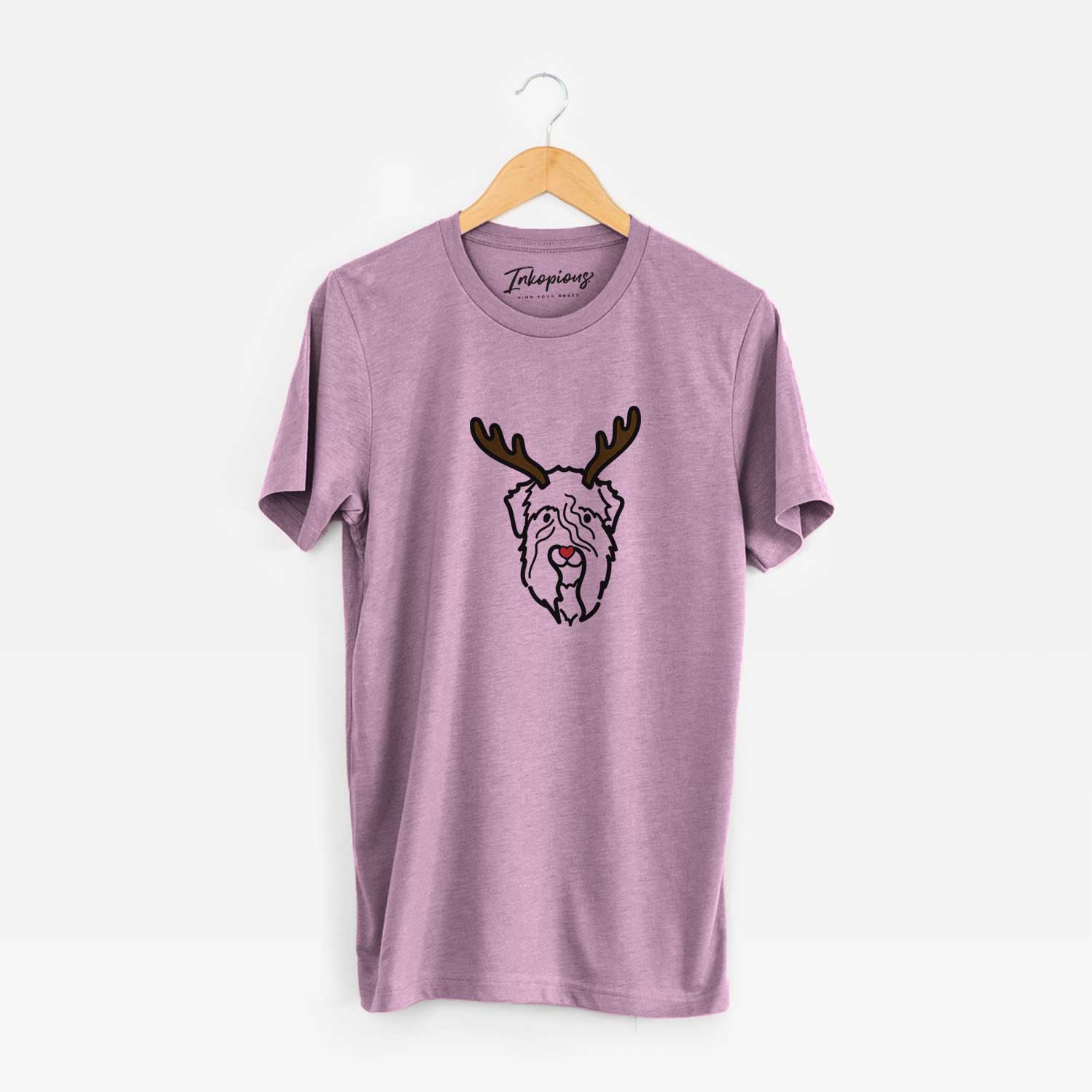 Minimalist line drawing of a Soft Coated Wheaten Terrier with reindeer antlers and a red nose on an Orchid Unisex crewneck