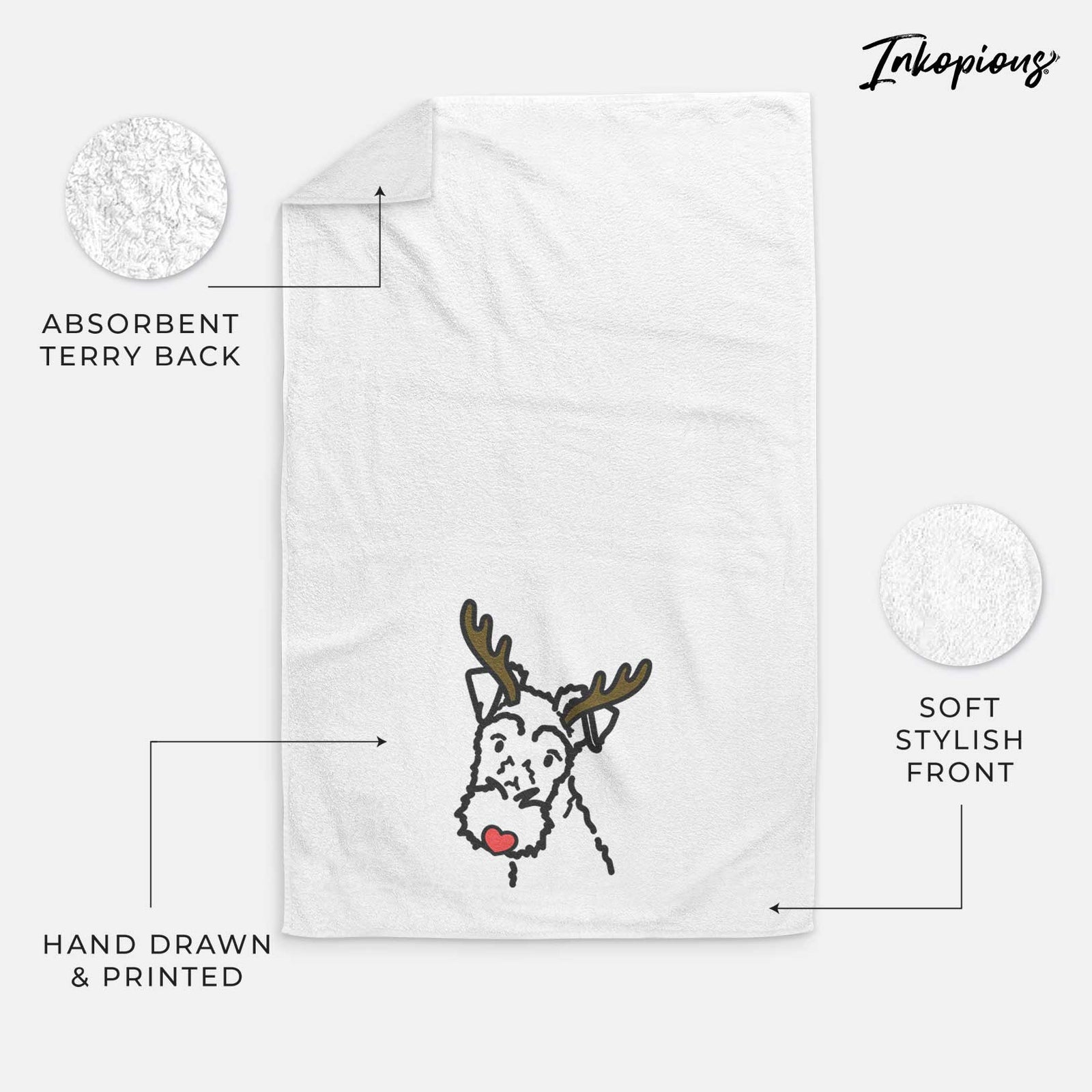 Minimalist line drawing of a Wire Fox Terrier with reindeer antlers and a red nose on a decorative hand towel