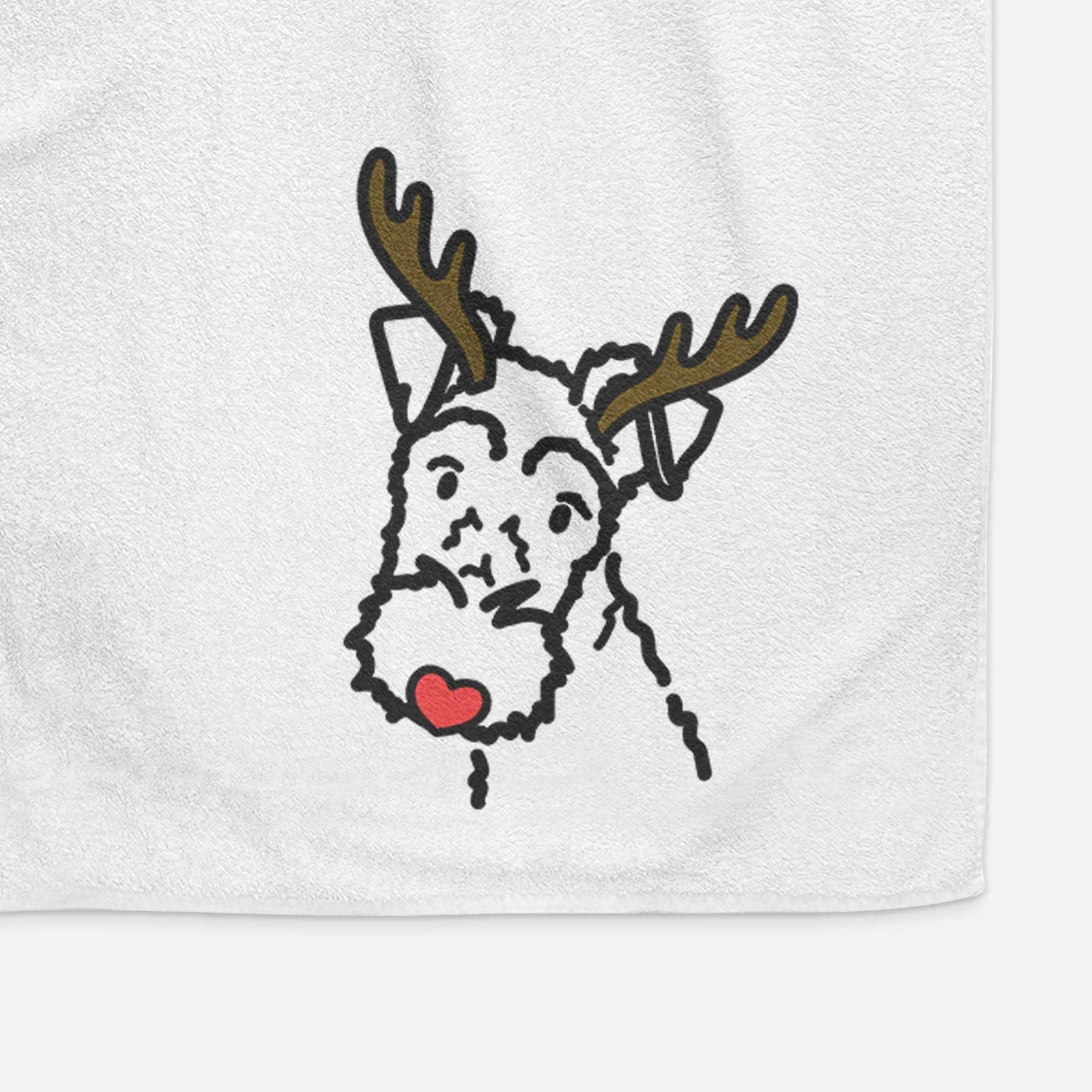 Minimalist line drawing of a Wire Fox Terrier with reindeer antlers and a red nose on a decorative hand towel