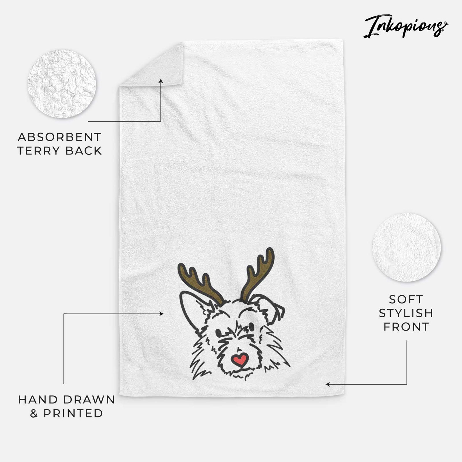 Minimalist line drawing of Ziggy the Terrier Mix with reindeer antlers and a red nose on a decorative hand towel