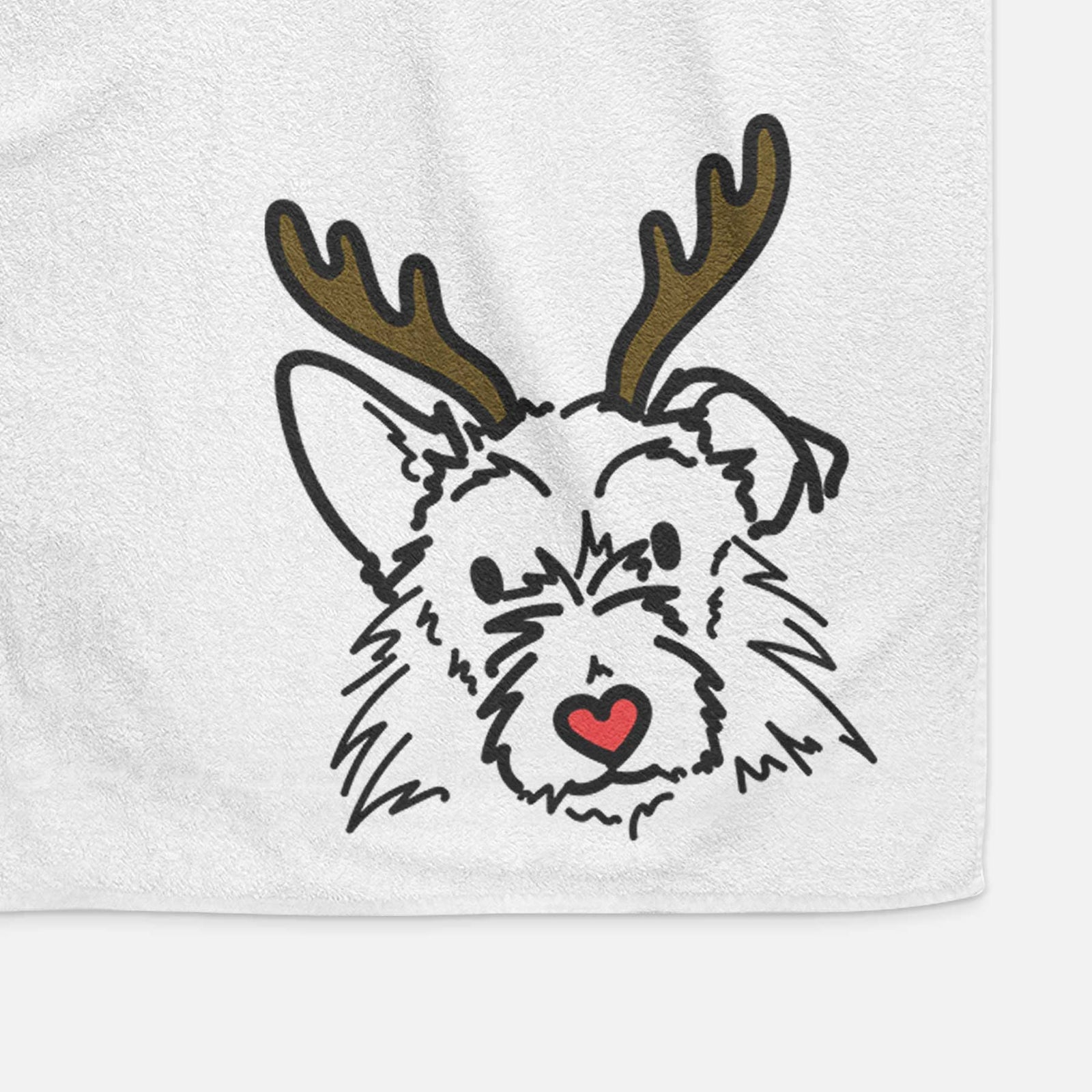 Minimalist line drawing of Ziggy the Terrier Mix with reindeer antlers and a red nose on a decorative hand towel