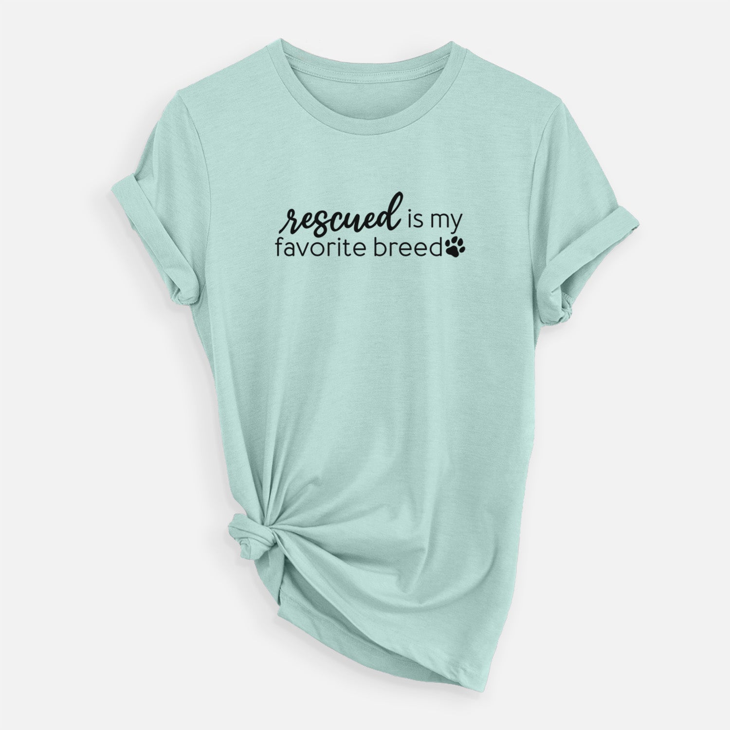 'Rescued is My Favorite Breed' design on a Heather Sage Unisex crewneck